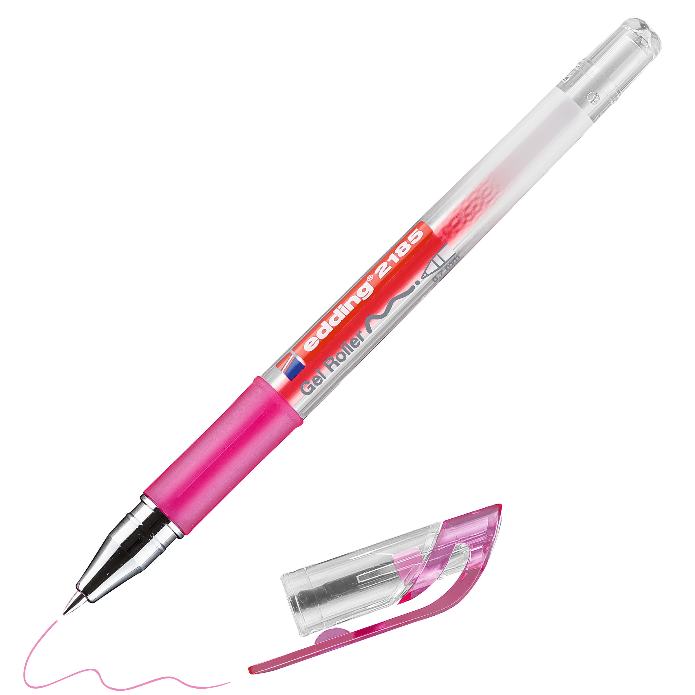 Ein rosafarbener edding 2185 Gelroller von edding mit durchscheinendem Schaft und Griffzone liegt neben der dazu passenden rosafarbenen Kappe, während die Spitze eine wellenförmige rosa Linie zeichnet.