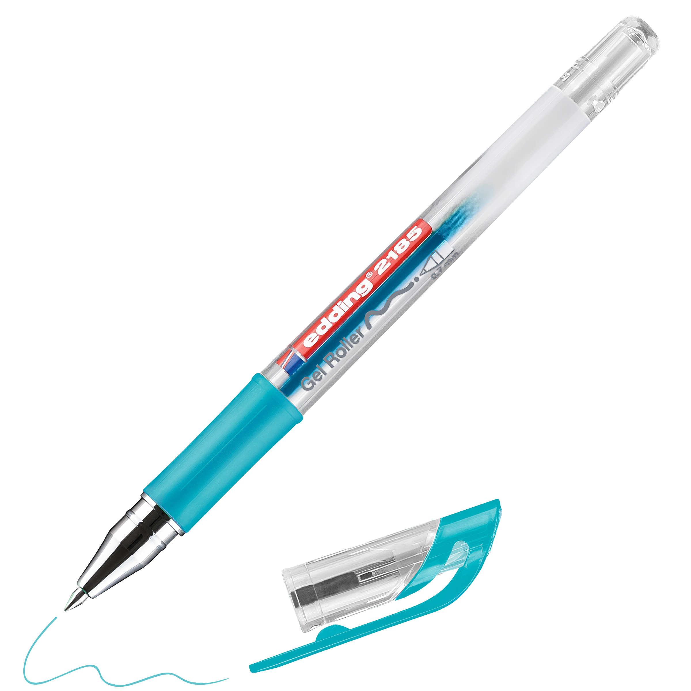 Der blaue edding 2185 Gelroller von edding verfügt über einen transparenten Schaft, durch den die Tinte sichtbar ist, eine komfortable Gummigriffzone und eine passende blaue Kappe. Aus seiner Spitze tritt eine geschwungene blaue Linie hervor.