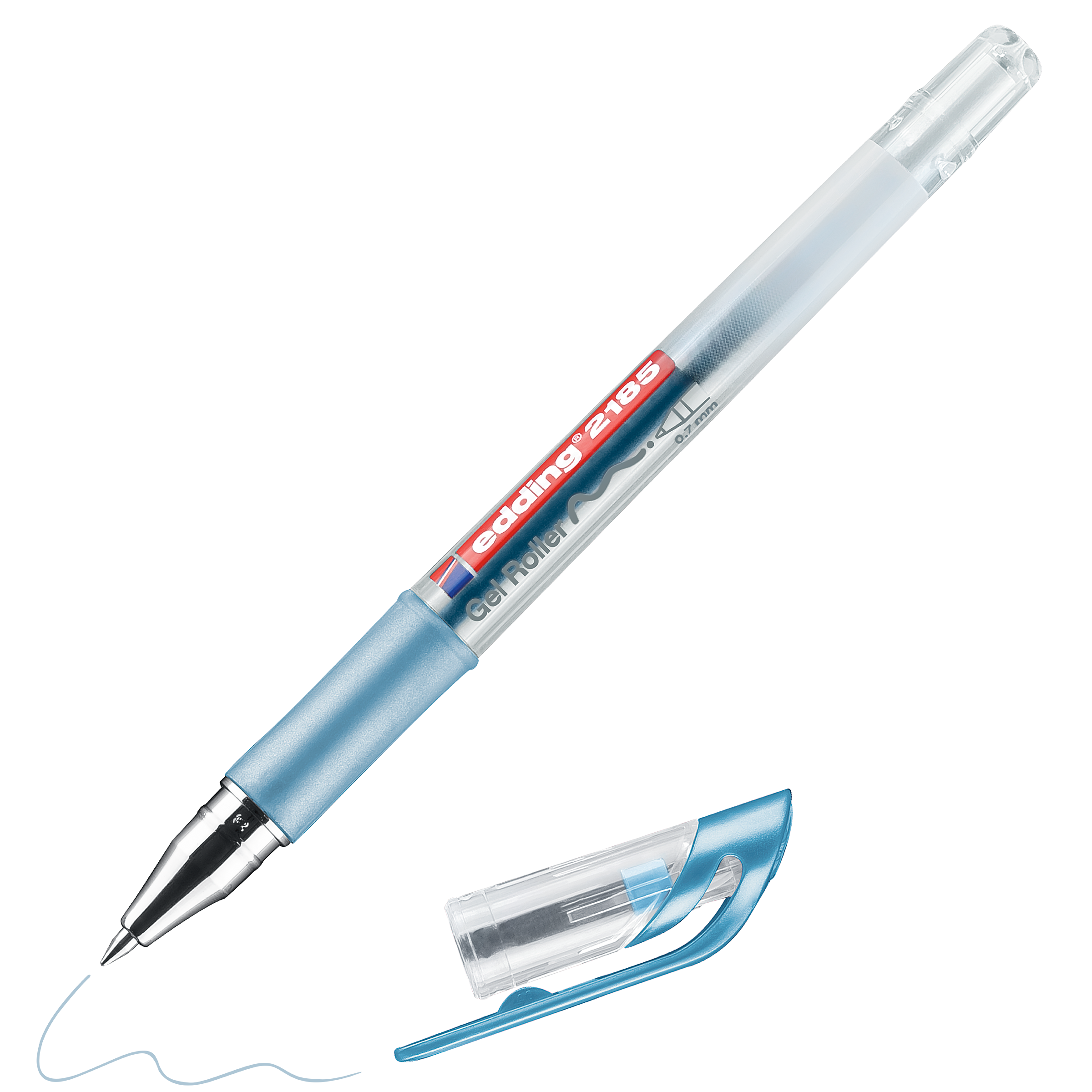 Der edding 2185 Gelroller ist ein blauer Gelschreiber mit transparentem Schaft, Gummigriffzone und abnehmbarer Kappe. Er zeichnet eine präzise blaue Linie, und das edding-Logo ist auf dem Schaft deutlich sichtbar.