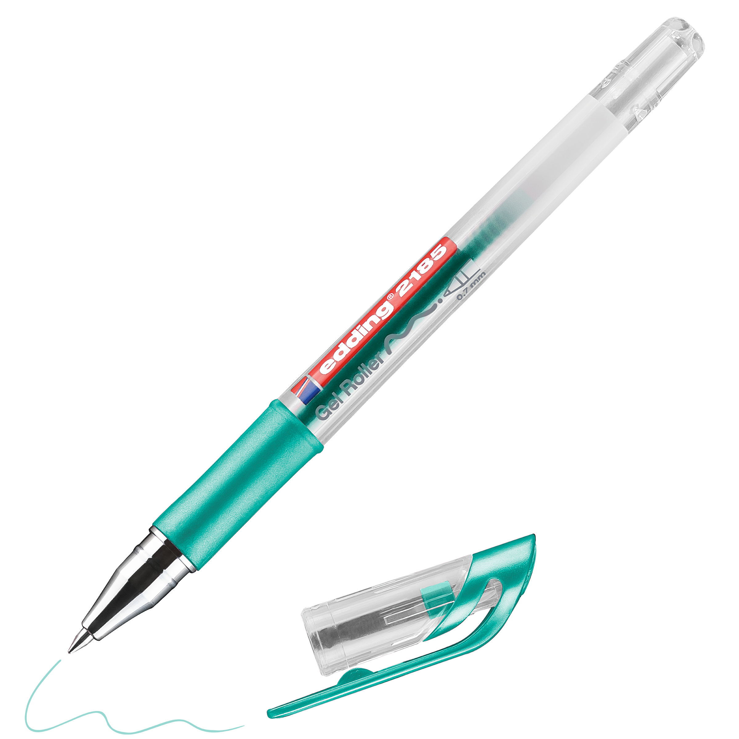 Ein türkis-silberner Gelroller edding 2185 von edding mit transparentem Schaft und Gummigriffzone liegt ohne Kappe da und zeichnet eine türkisfarbene Wellenlinie; die Kappe liegt neben dem Stift.
