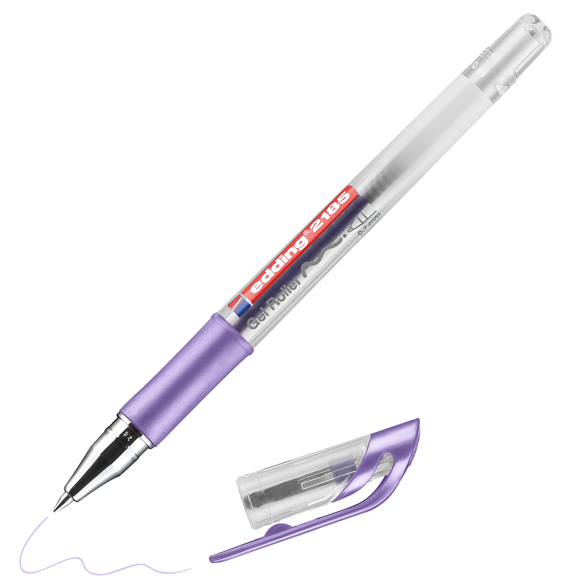 Ein violetter Gelstift edding 2185 Gelroller mit Gummigriffzone und durchsichtigem Schaft, dessen Kappe abgenommen und danebengelegt wird, zieht von seiner Spitze aus eine verschnörkelte violette Linie.