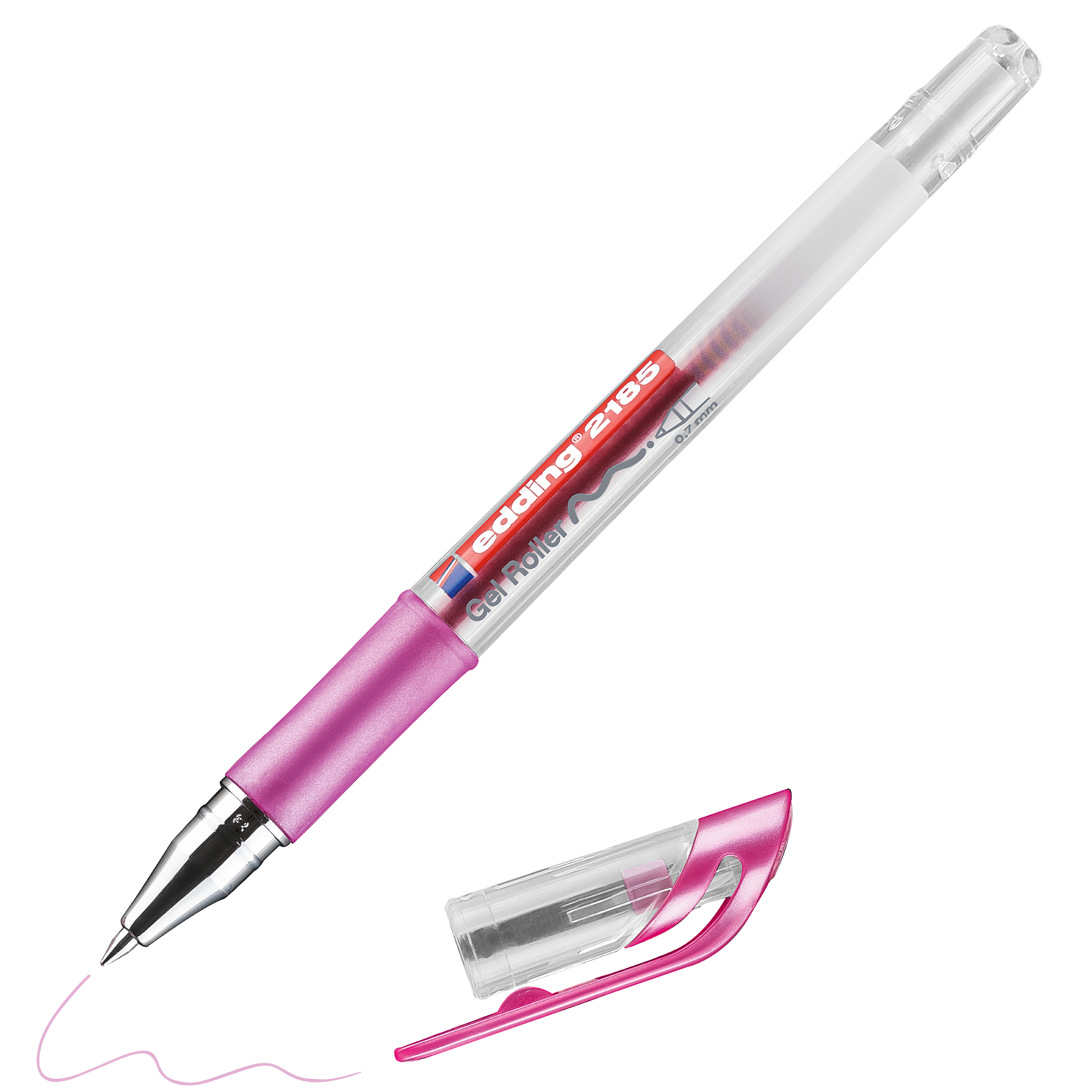 Daneben liegt ein pinkfarbener edding 2185 Gelroller mit transparentem Schaft, gummierter Griffzone und passender Kappe. Der Stift zeichnet eine dünne pinkfarbene Linie, auf deren Schaft der Schriftzug „edding 2185“ deutlich zu erkennen ist.