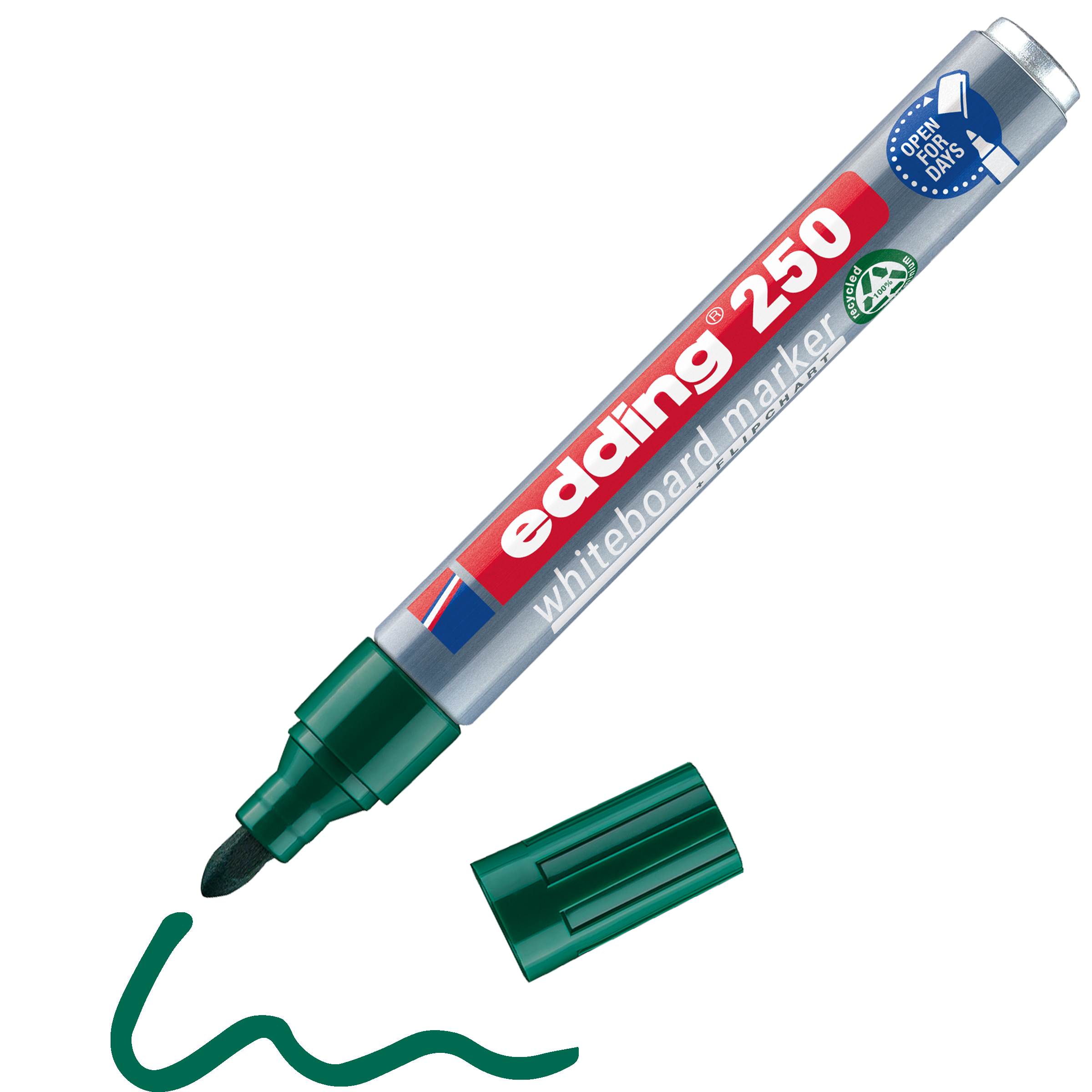 Ein grüner edding 250 Whiteboardmarker von edding aus recyceltem Aluminium liegt ohne Kappe neben einem grünen Kringel, der mit seiner Pigmenttinte gezeichnet wurde.
