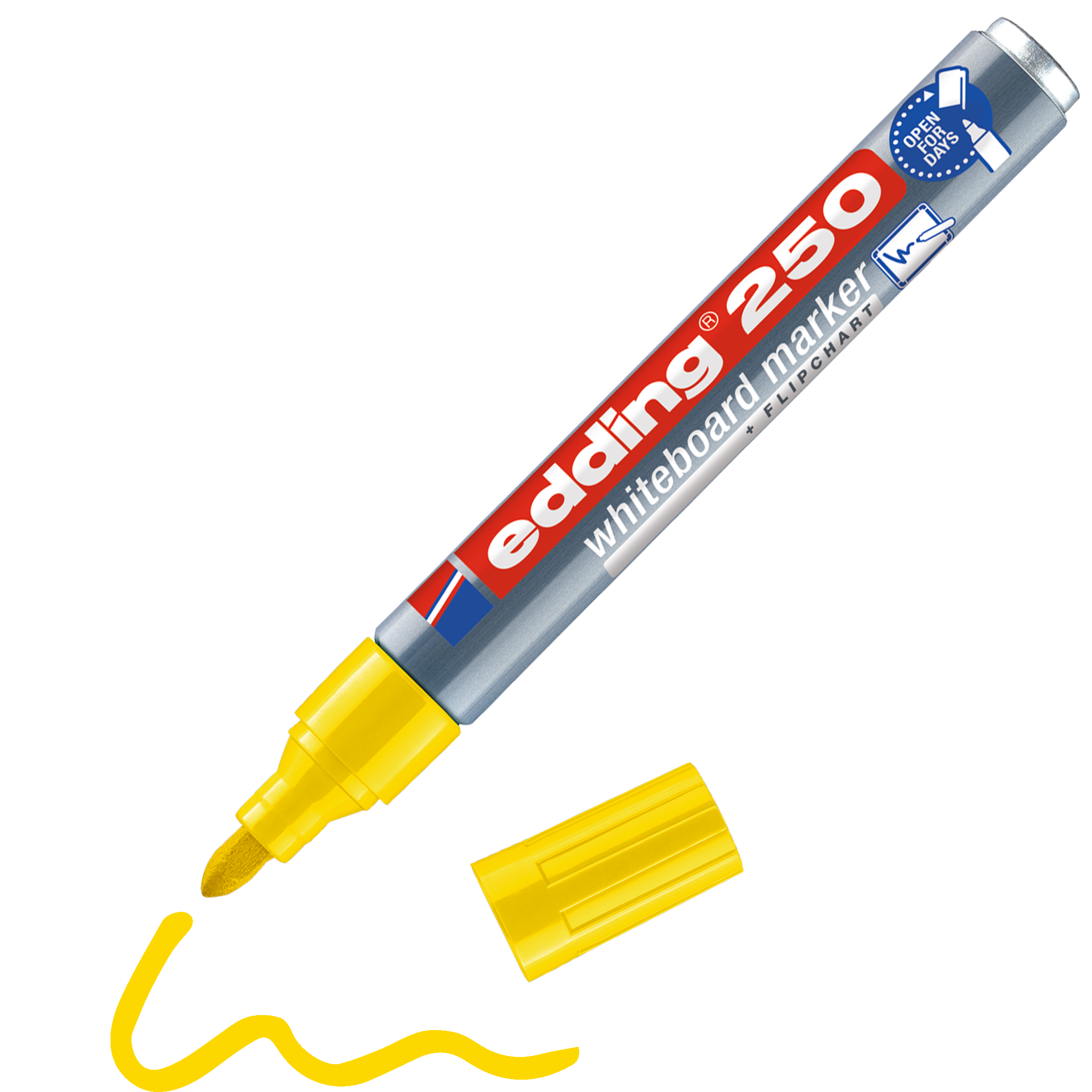 Ein gelber edding 250 Whiteboardmarker von edding liegt ohne Kappe neben einer wellenförmigen gelben Linie aus Pigmenttinte, die neben seiner Spitze gezogen ist.
