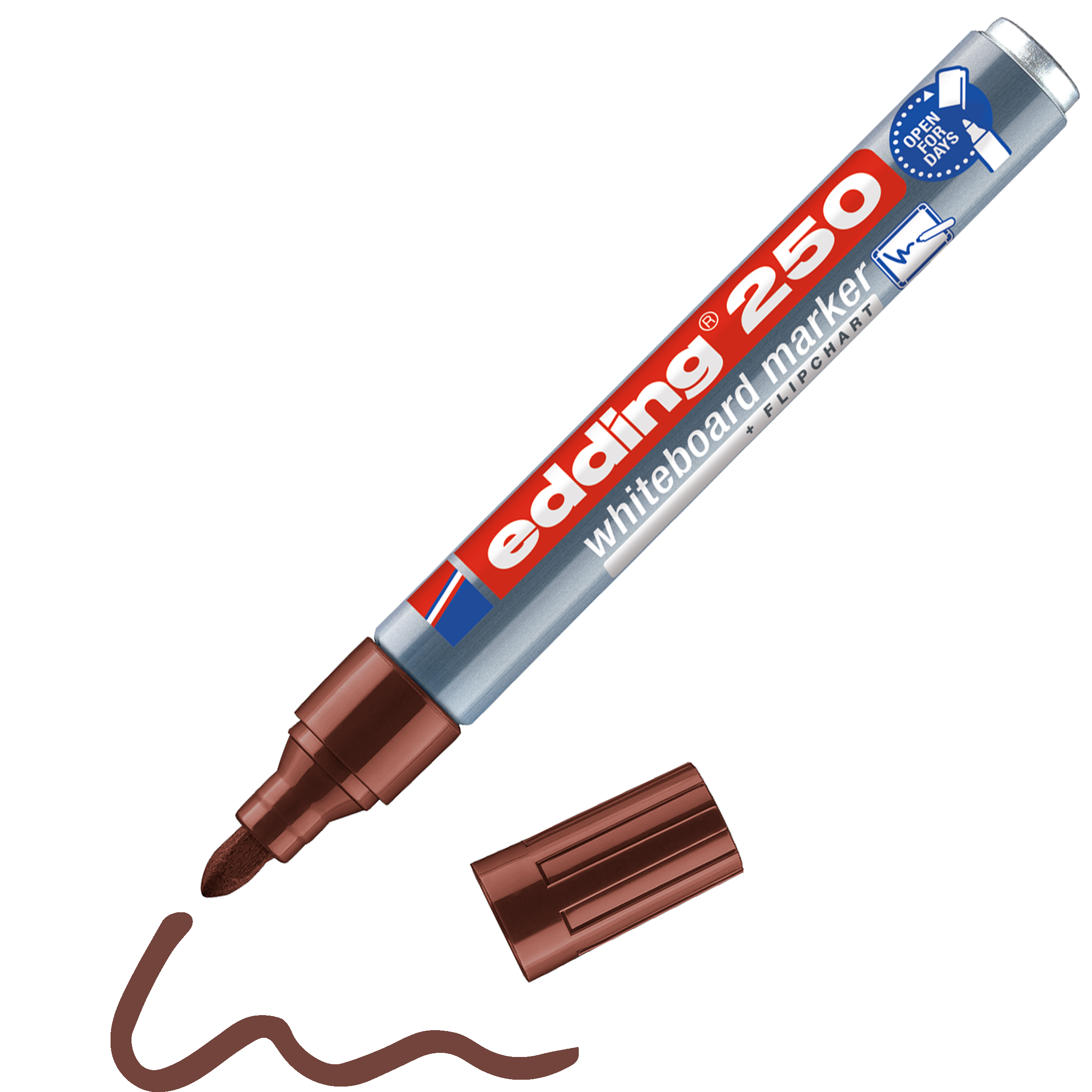 Ein edding 250 Whiteboardmarker von edding in Braun, ohne Kappe, mit Kappe daneben und einer braunen Wellenlinie, die die Tintenfarbe anzeigt.