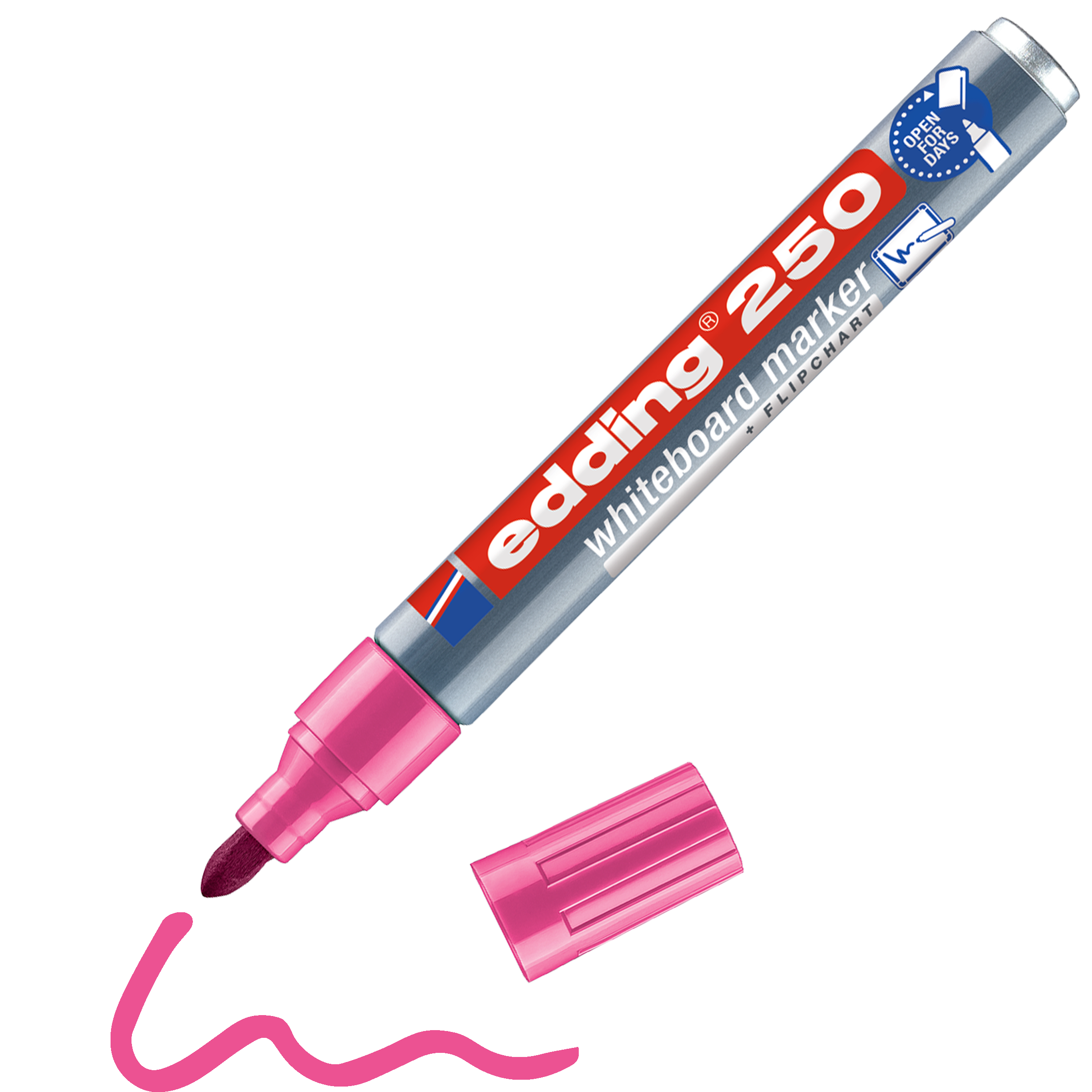 Ein edding 250 Whiteboardmarker von edding, rosa, mit abgenommener Kappe daneben, zeigt eine wellenförmige rosa Linie. Das Gehäuse besteht aus recyceltem Aluminium und verfügt über eine rot-blau-weiße Beschriftung.