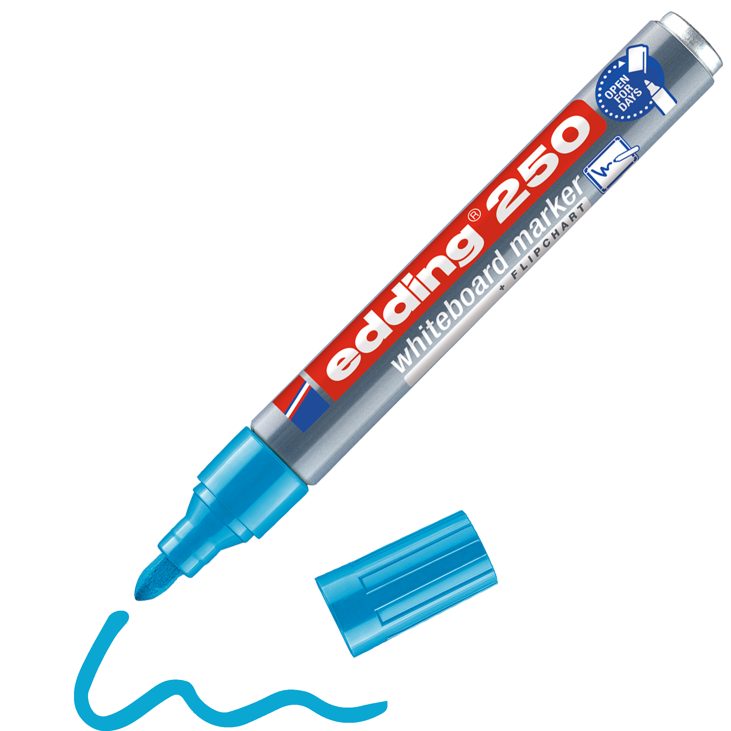 Ein edding 250 Whiteboardmarker ohne Kappe liegt neben seiner blauen Kappe, unter deren Spitze sich eine blaue Wellenlinie befindet. Die Beschriftung des Markers ist rot, weiß und blau. Die Pigmenttinte sorgt für kräftige Whiteboard-Ergebnisse.