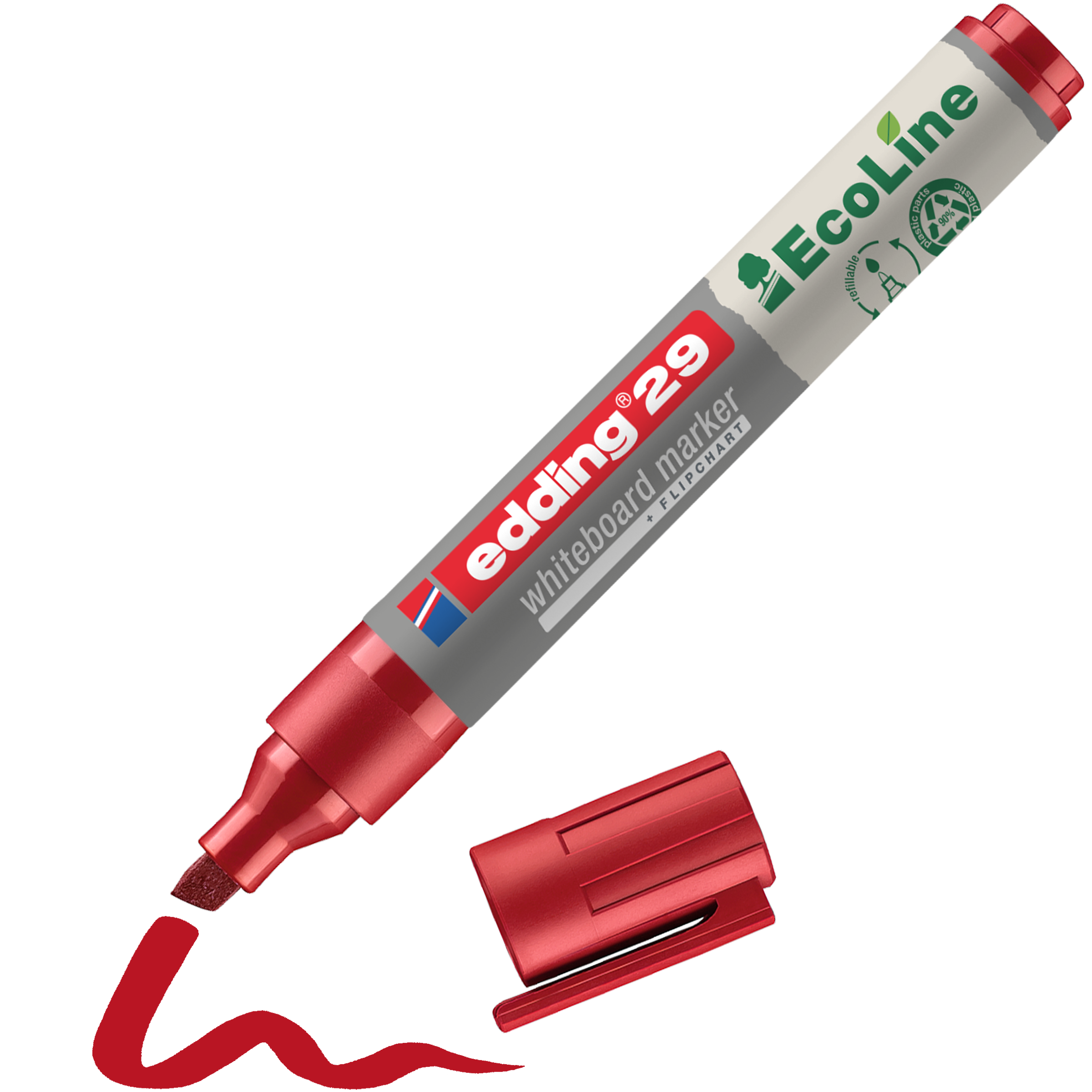 Ein roter edding 29 EcoLine Whiteboardmarker von edding, verschlossen und aus recyceltem Material, liegt neben einer verschnörkelten roten Linie. Sein grünes EcoLine-Etikett fällt auf und unterstreicht sein nachhaltiges und nachfüllbares Design.