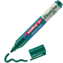 Ein grüner edding 31 EcoLine Flipchartmarker von edding aus recyceltem Material, mit abgenommener Kappe und gezogener grüner Linie – ideal für nachhaltige Präsentationen.