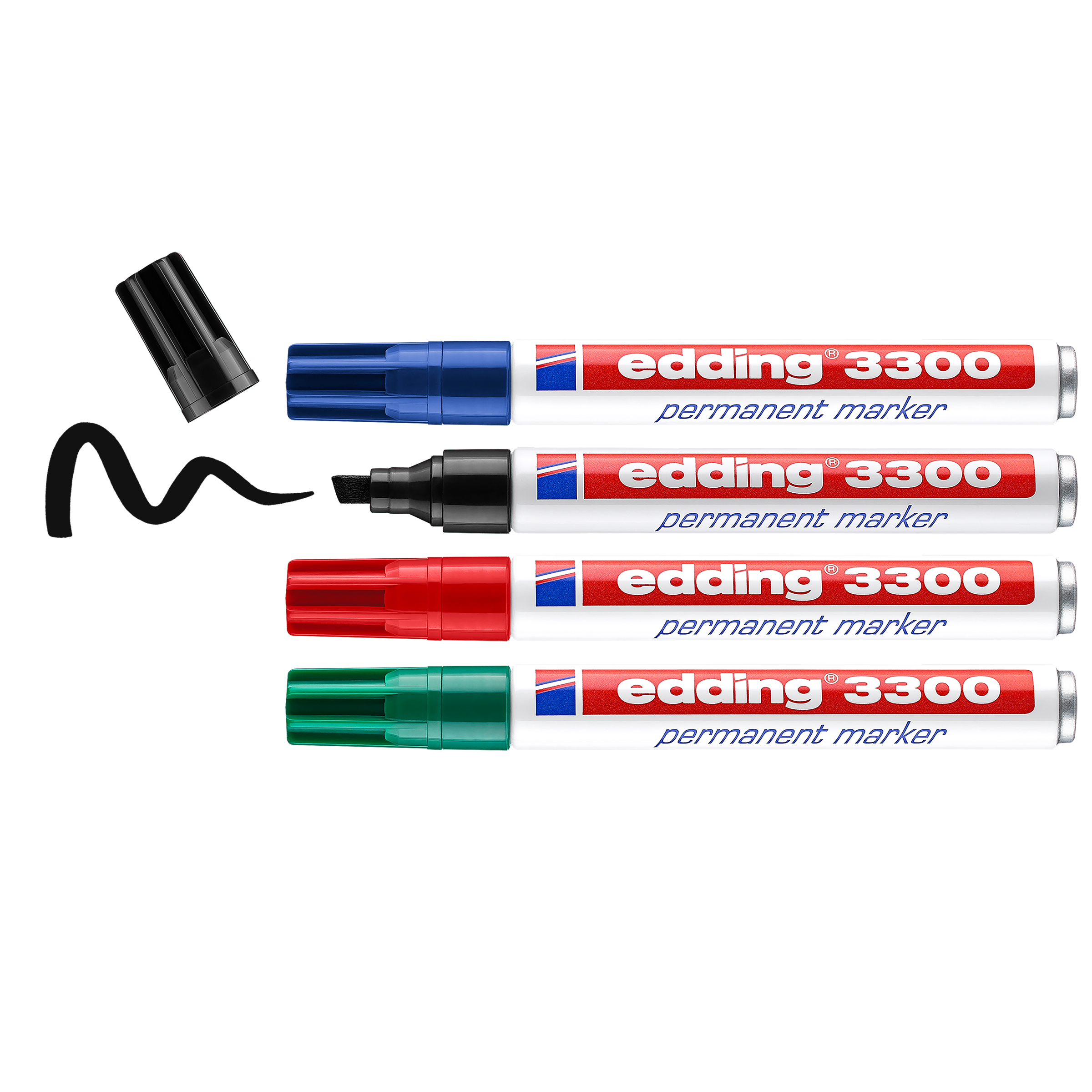 Das edding 3300 Permanentmarker 4er-Set von edding enthält nachfüllbare Marker in Blau, Schwarz, Rot und Grün. Die Kappe des schwarzen Markers ist abnehmbar und mit einer Wellenlinie versehen – ideal für dauerhaft haftende Markierungen.