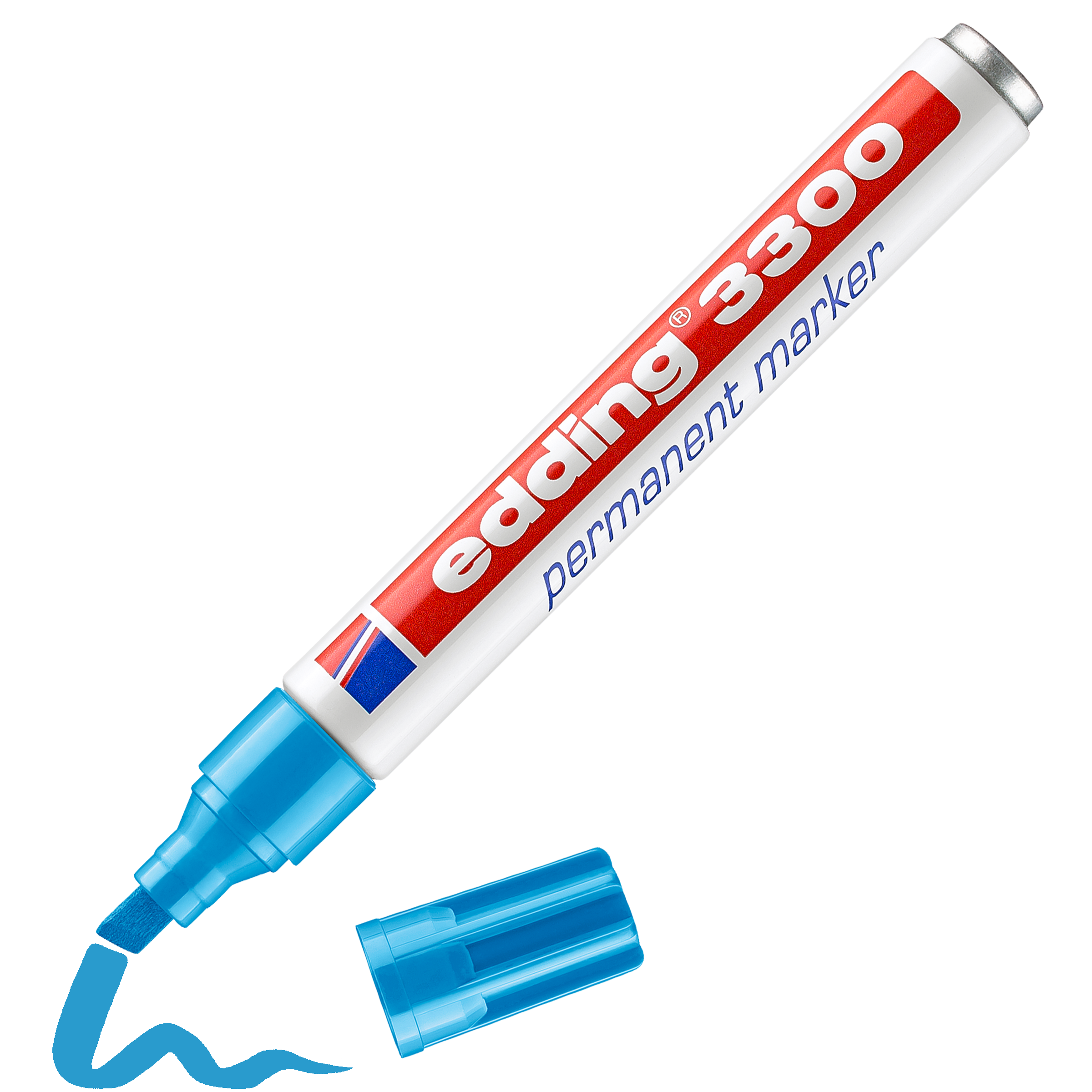 Ein blauer edding 3300 Permanentmarker von edding mit der Aufschrift „Permanentmarker“ auf dem Schaft aus recyceltem Aluminium ist ohne Kappe neben einer blauen Kringelschrift abgebildet.