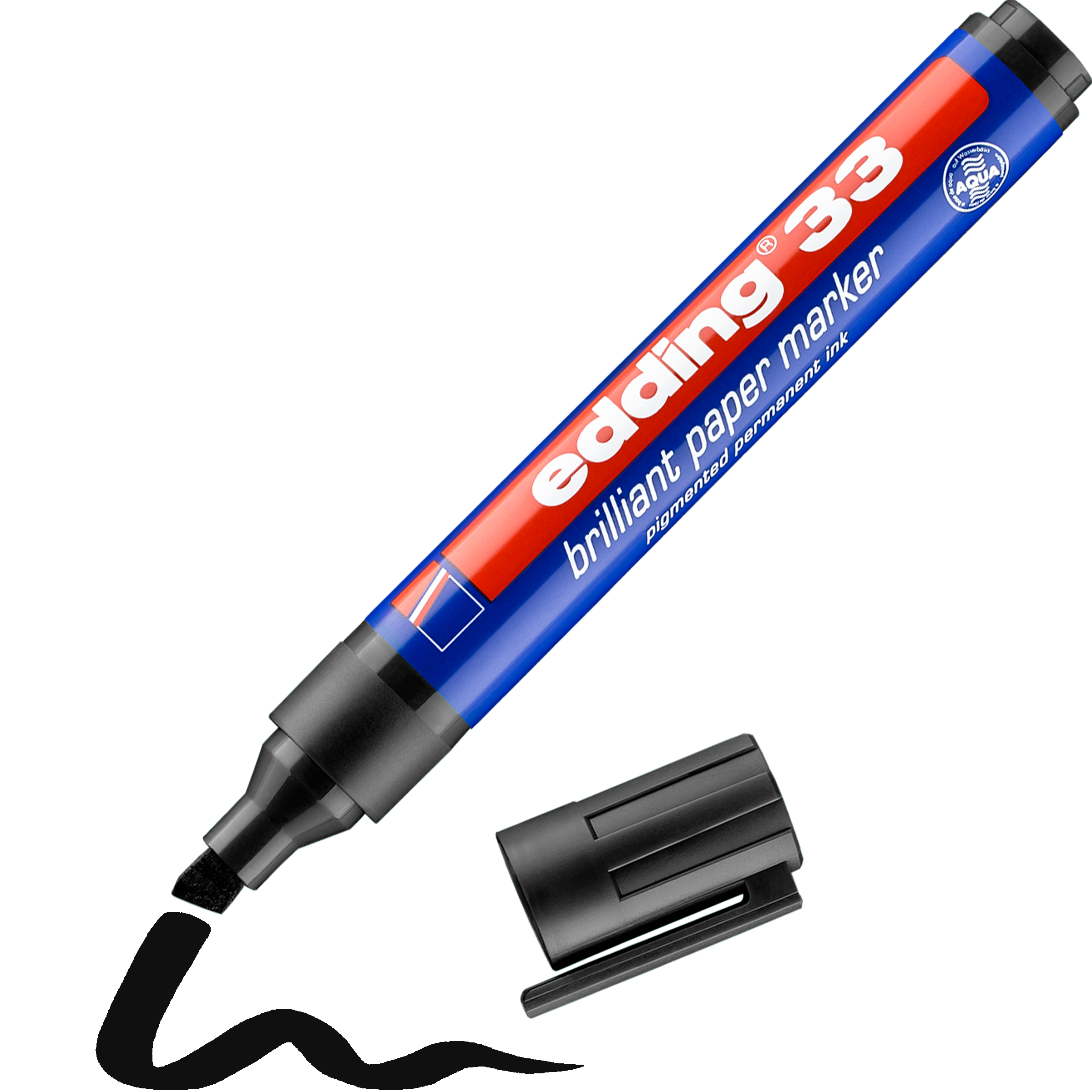 Ein edding 33 Brillant-Papiermarker ohne Kappe in Rot und Blau mit Keilspitze liegt neben seiner schwarzen Kappe und einer gewellten schwarzen Linie – perfekt für lichtbeständige Beschriftungen auf Papier.