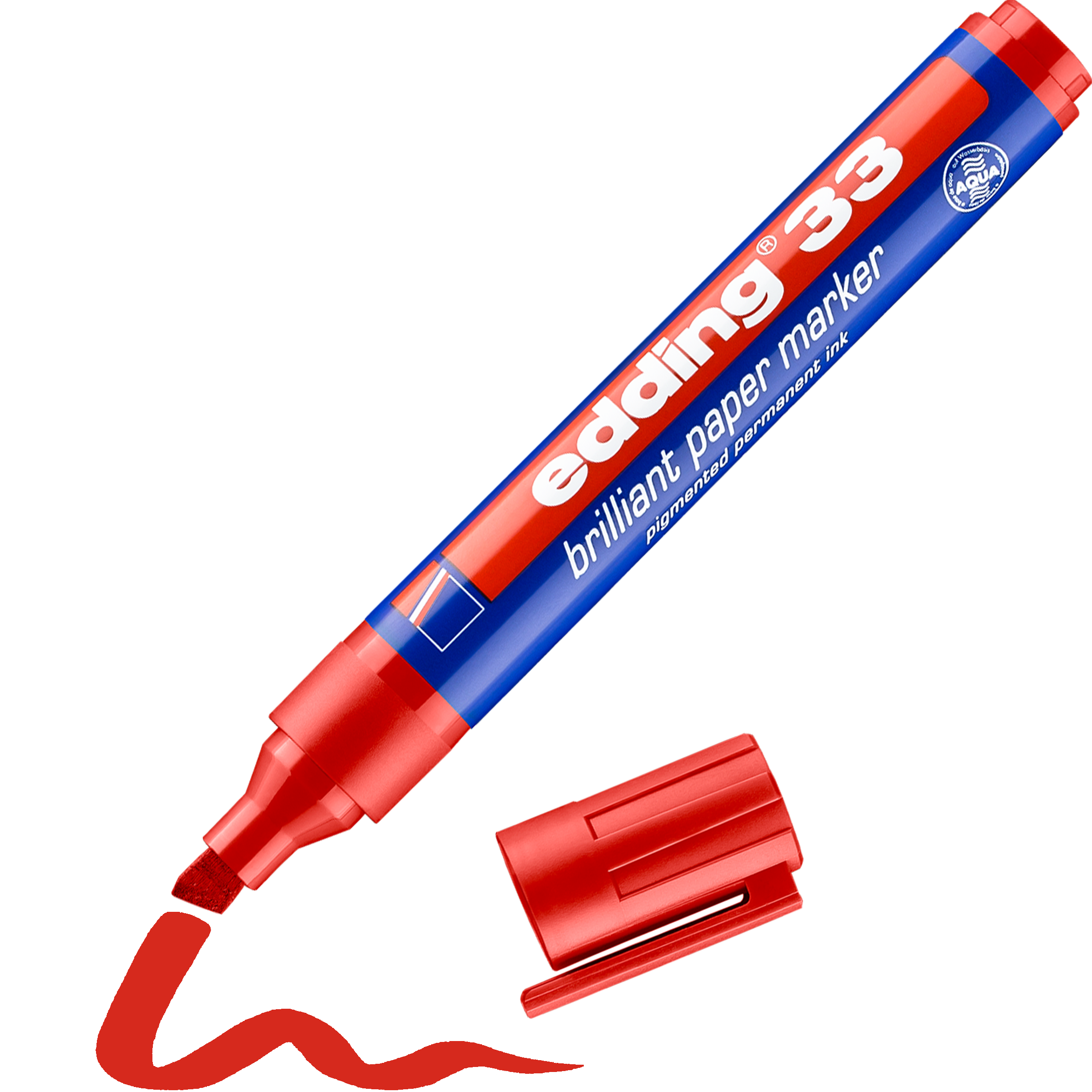 Ein roter edding 33 Brillant-Papiermarker von edding mit Keilspitze, dessen Kappe abgenommen und daneben gelegt wird, zeichnet eine rote, schnörkellose Linie für wasser- und wischfeste, lichtbeständige Beschriftungen.