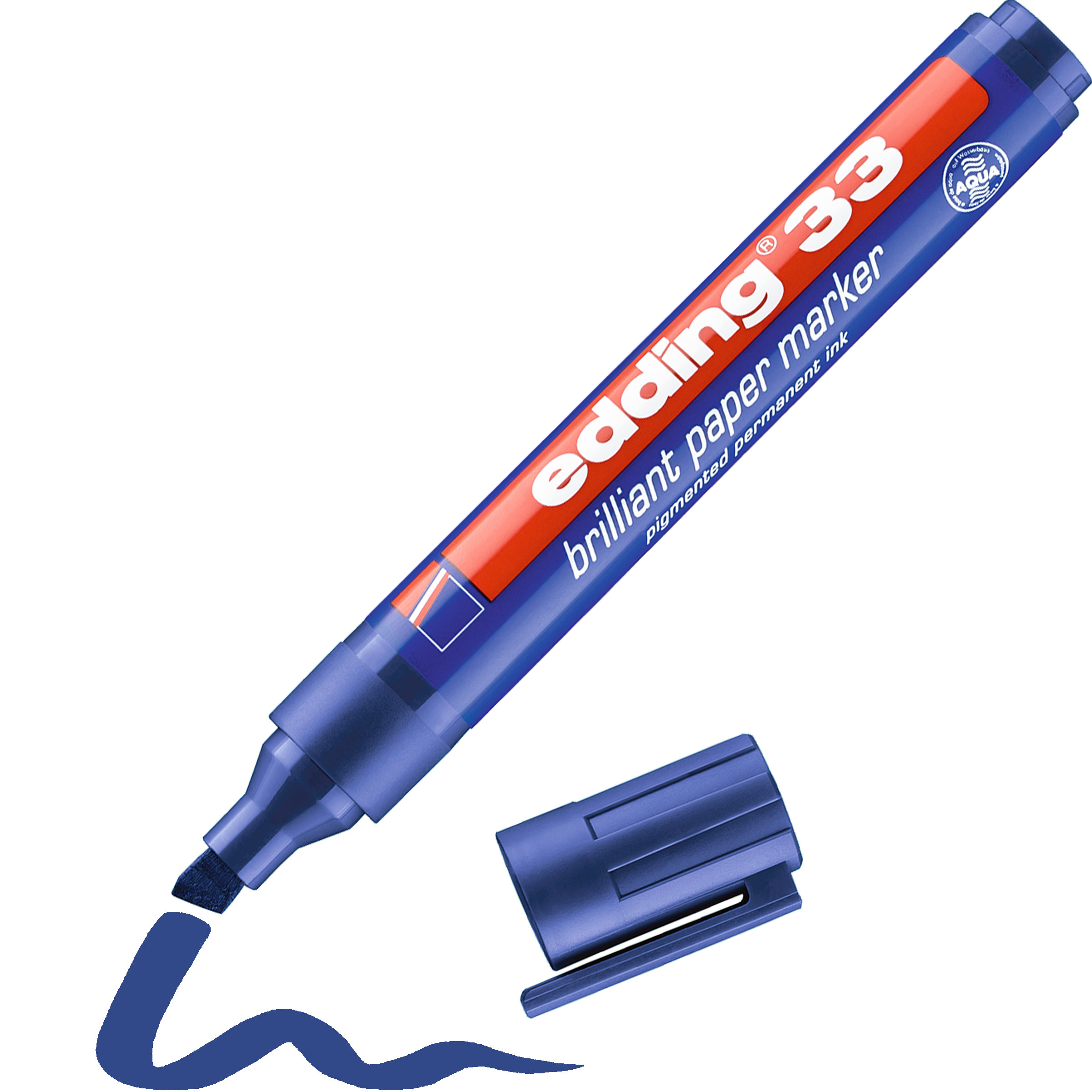 Ein unverschlossener blauer edding 33 Brillant-Papiermarker liegt mit seiner Kappe daneben. Die Keilspitze zeichnet eine wellenförmige blaue Linie und erzeugt dadurch lichtbeständige Beschriftungen. Der Stift ist mit „Brillant-Papiermarker“ und „edding 33“ in weißer und roter Schrift versehen.