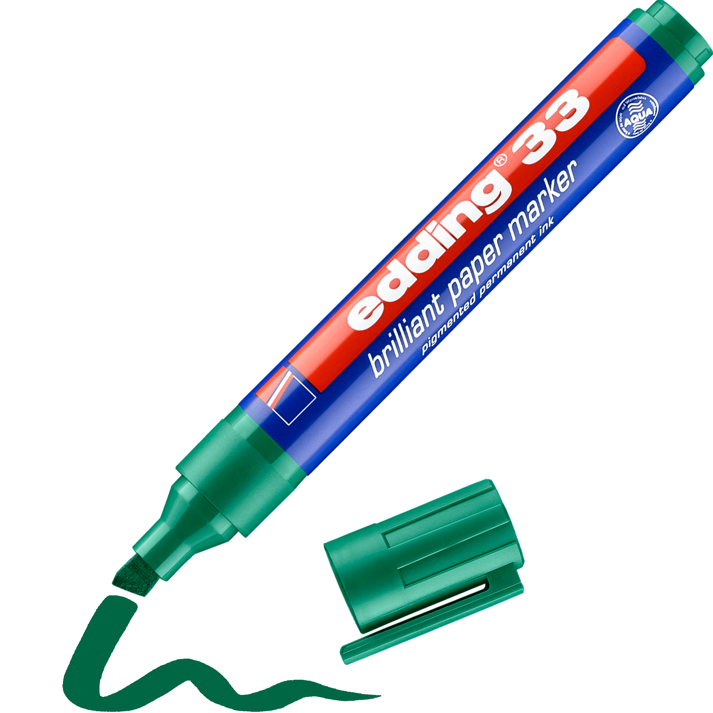 Daneben liegt ein grüner edding 33 Brillant-Papiermarker mit Keilspitze und abgenommener Kappe, der eine wellenförmige, grüne, wasser- und wischfeste Linie zeichnet. Der Marker ist mit blau-rot-weißem Branding versehen. Marke: edding.
