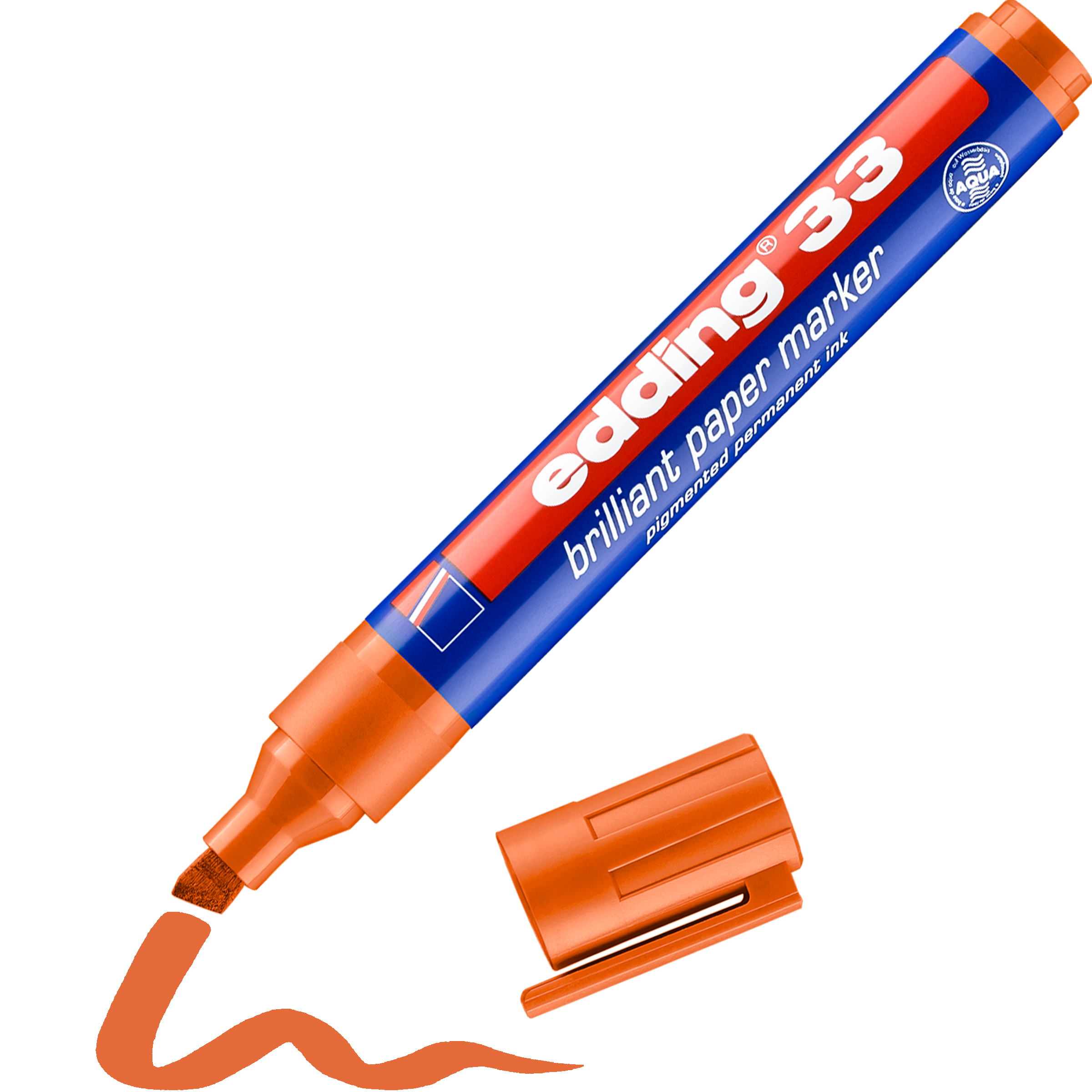 Ein orangefarbener edding 33 Brillant-Papiermarker mit Keilspitze und abgenommener Kappe zeichnet eine Wellenlinie. Marker und Kappe sind orange und verfügen über eine klare Beschriftung für wasser-, wisch- und lichtbeständiges Schreiben. Marke: edding.