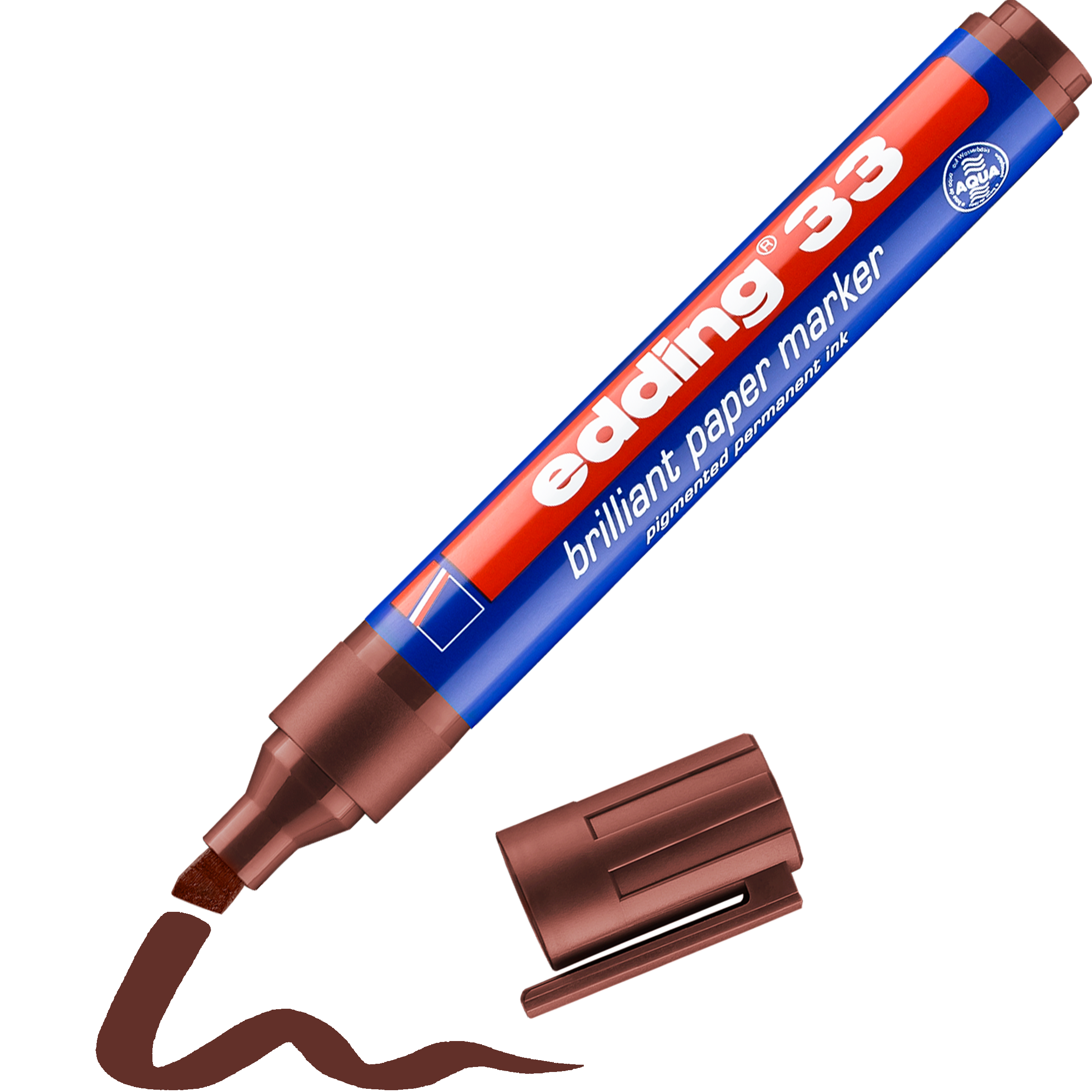 Ein brauner edding 33 Brillant-Papiermarker von edding mit einer Keilspitze, Kappe abgenommen, neben einer welligen braunen Linie. Das blau-rote Etikett hat weißen Text. Ideal für lichtbeständige Beschriftungen; wasser- und wischfest für dauerhafte Ergebnisse.