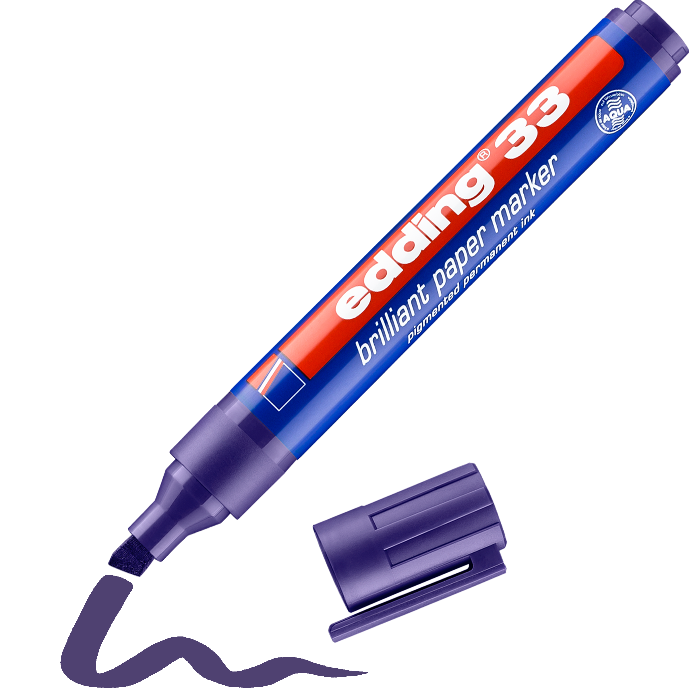 Der edding 33 Brillant-Papiermarker, ein blau ummantelter Marker mit violetter Keilspitze, zeichnet dunkle Wellenlinien. Unverschlossen und wasser- und wischfest liefert es lichtbeständige Beschriftungen; daneben ruht die violette Mütze.