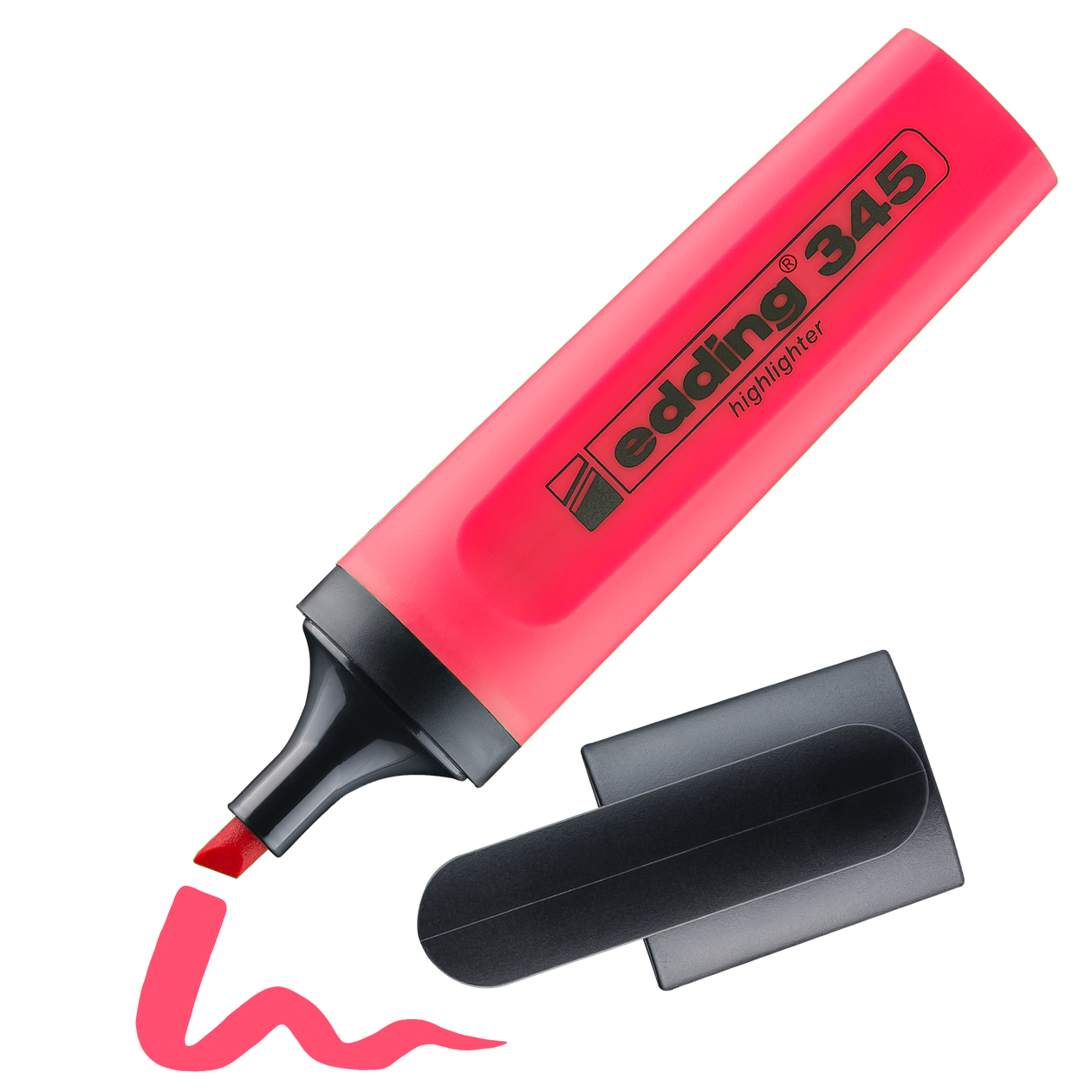 Ein edding 345 Textmarker in Pink, ohne Kappe, mit sichtbarer Keilspitze und einer daneben gezeichneten leuchtend pinken Wellenlinie.