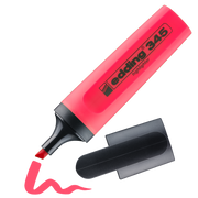 Ein edding 345 Textmarker in Pink, ohne Kappe, mit sichtbarer Keilspitze und einer daneben gezeichneten leuchtend pinken Wellenlinie.