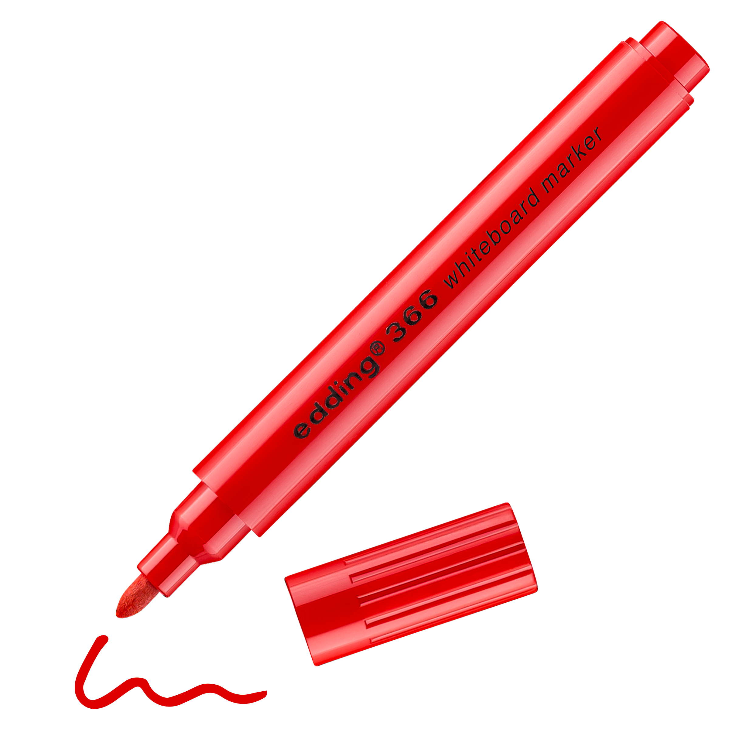 Ein roter edding 366 Whiteboardmarker von edding liegt ohne Kappe neben einer roten Schlangenlinie, die unter der Spitze des Markers gezeichnet ist.