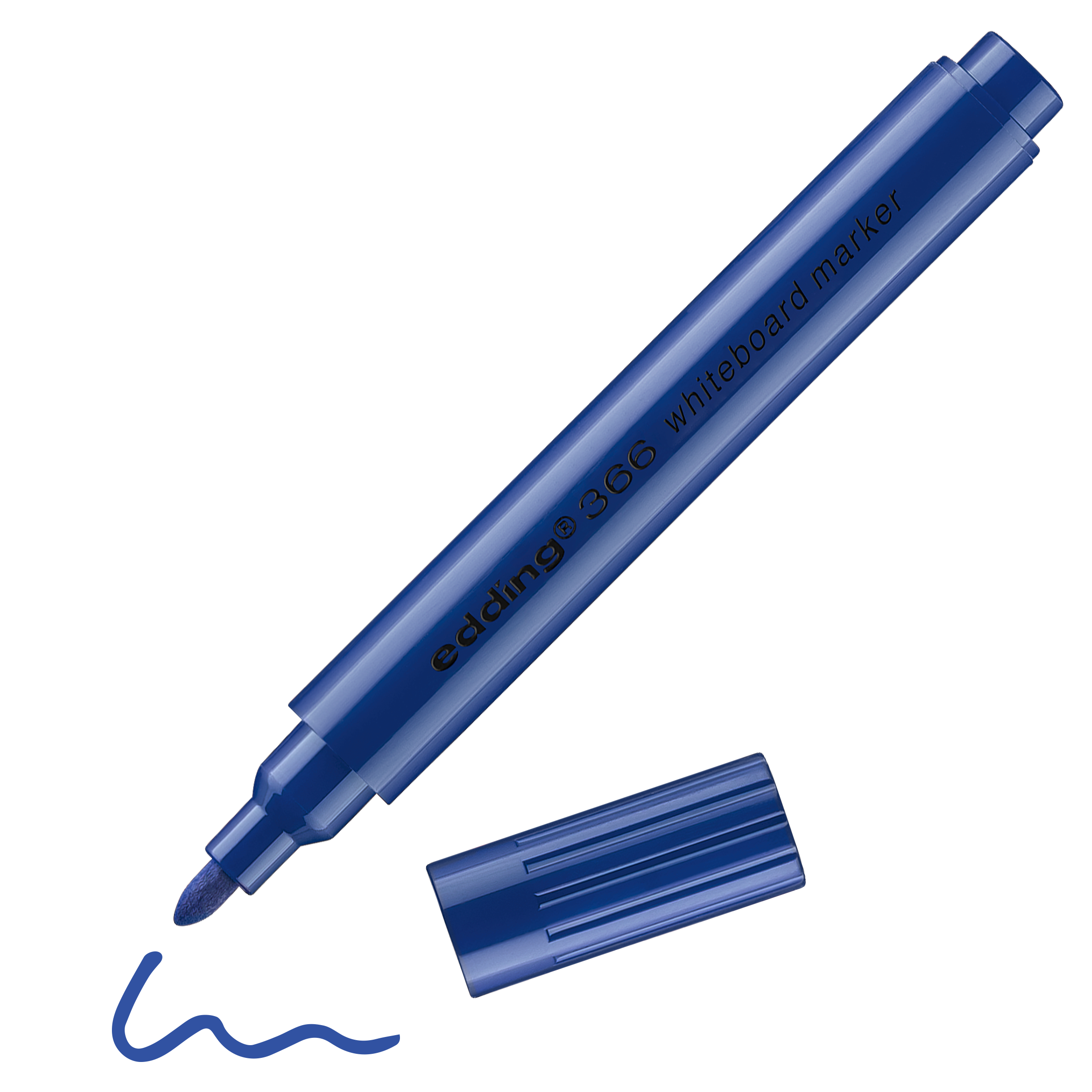 Ein blauer edding 366 Whiteboardmarker von edding im Taschenformat mit abgenommener Kappe liegt neben einer von ihm gezeichneten blauen Wellenlinie.