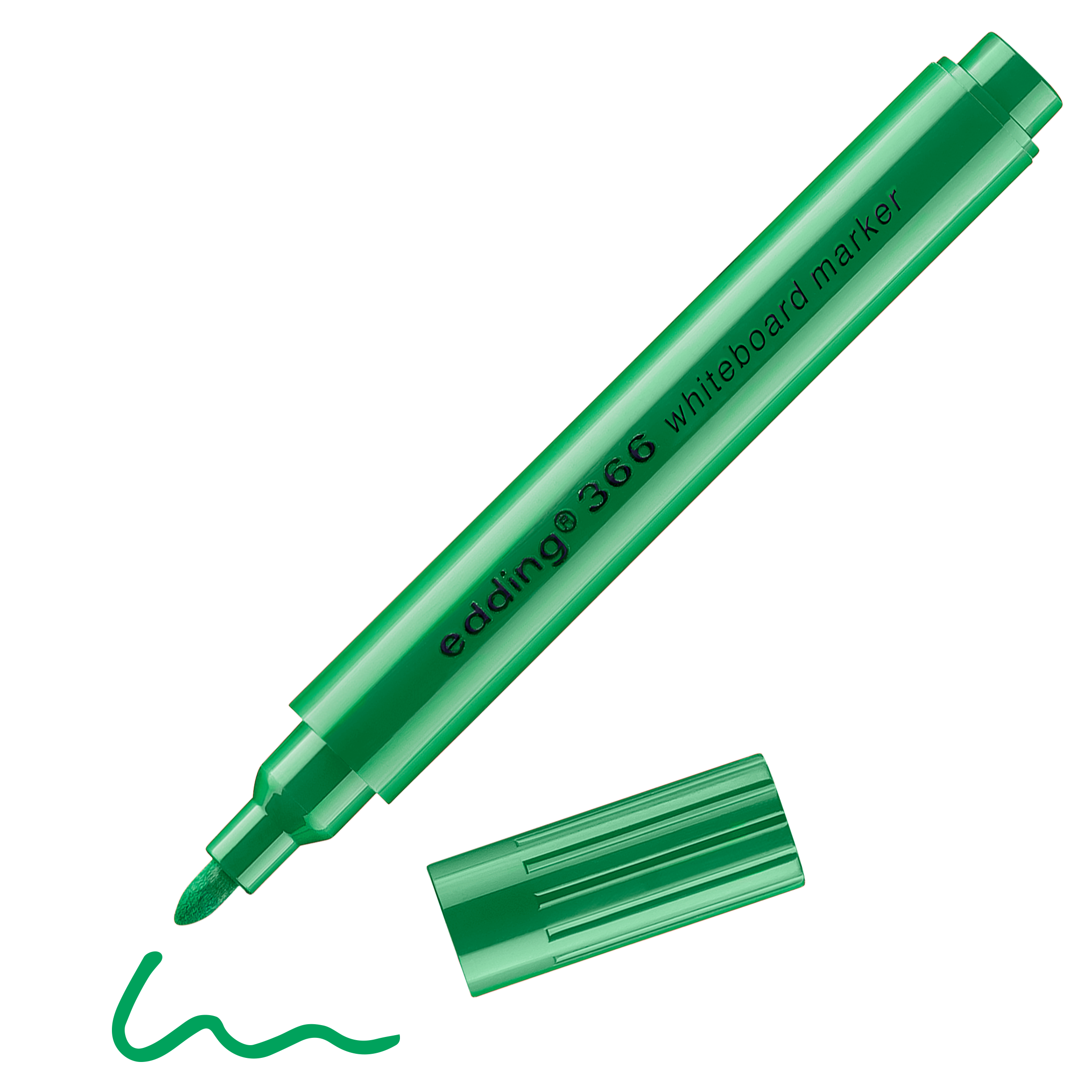 Ein grüner edding 366 Whiteboardmarker von edding im handlichen Taschenformat liegt schräg und ohne Kappe. Die Beschriftung „edding 366“ ist sichtbar, darunter verläuft eine kurze grüne Wellenlinie.