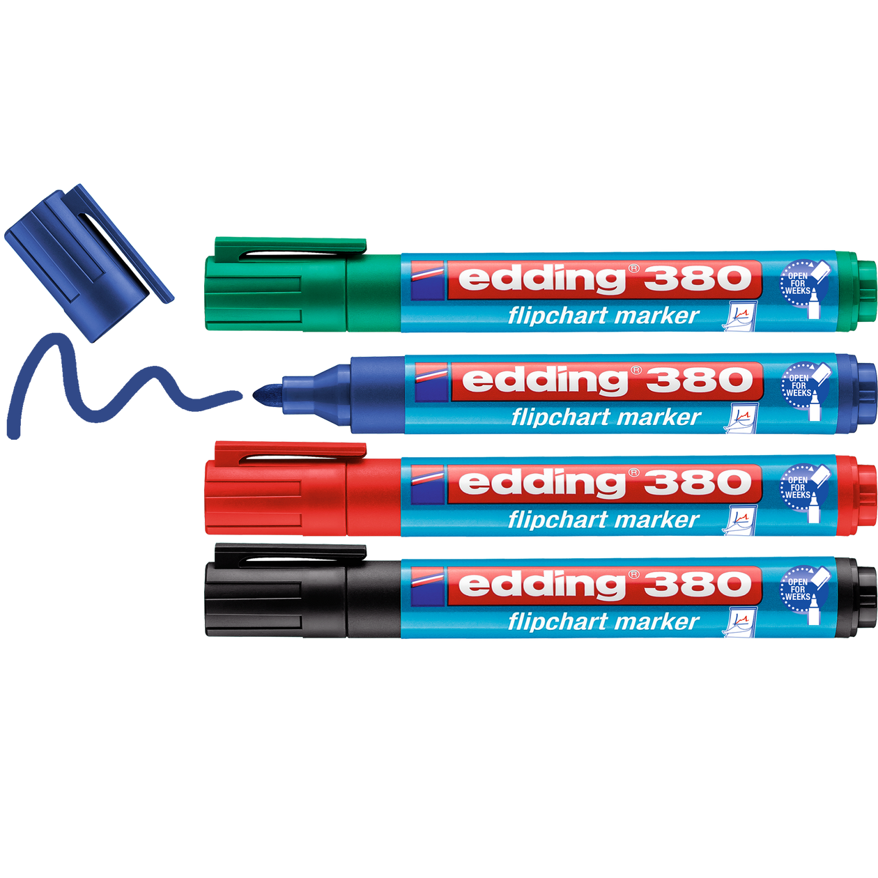 Vier edding 380 Flipchartmarker aus dem 4er-Set von edding in Blau, Grün, Rot und Schwarz liegen waagerecht; Der blaue Marker ist geöffnet und zieht mit Spezialtinte eine wellige blaue Linie.