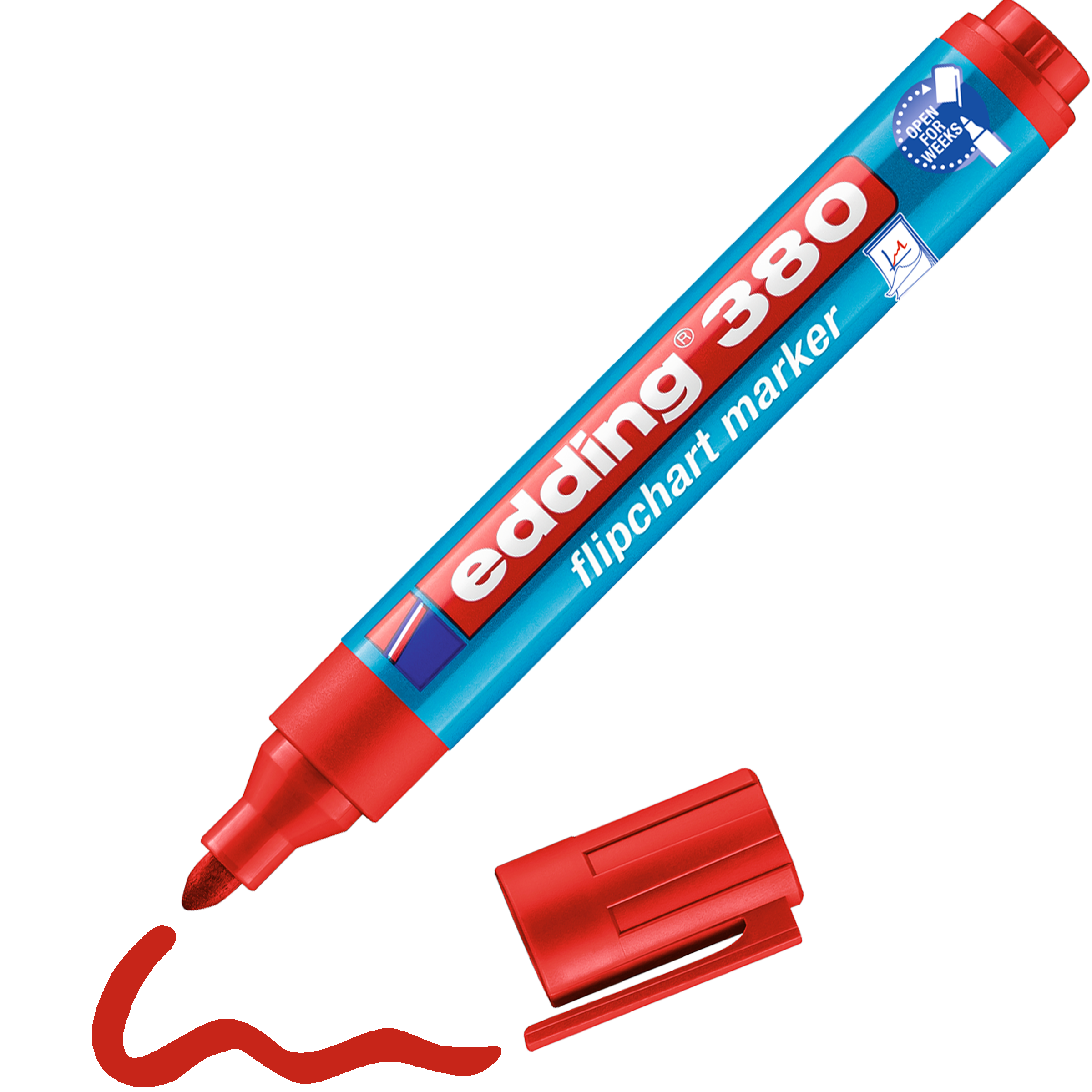 Daneben liegt ein blau-roter edding 380 Flipchartmarker, dessen rote Kappe entfernt wurde. Der für Präsentationen konzipierte Marker von edding hat mit seiner Spezialtinte eine verschnörkelte rote Linie gezeichnet.