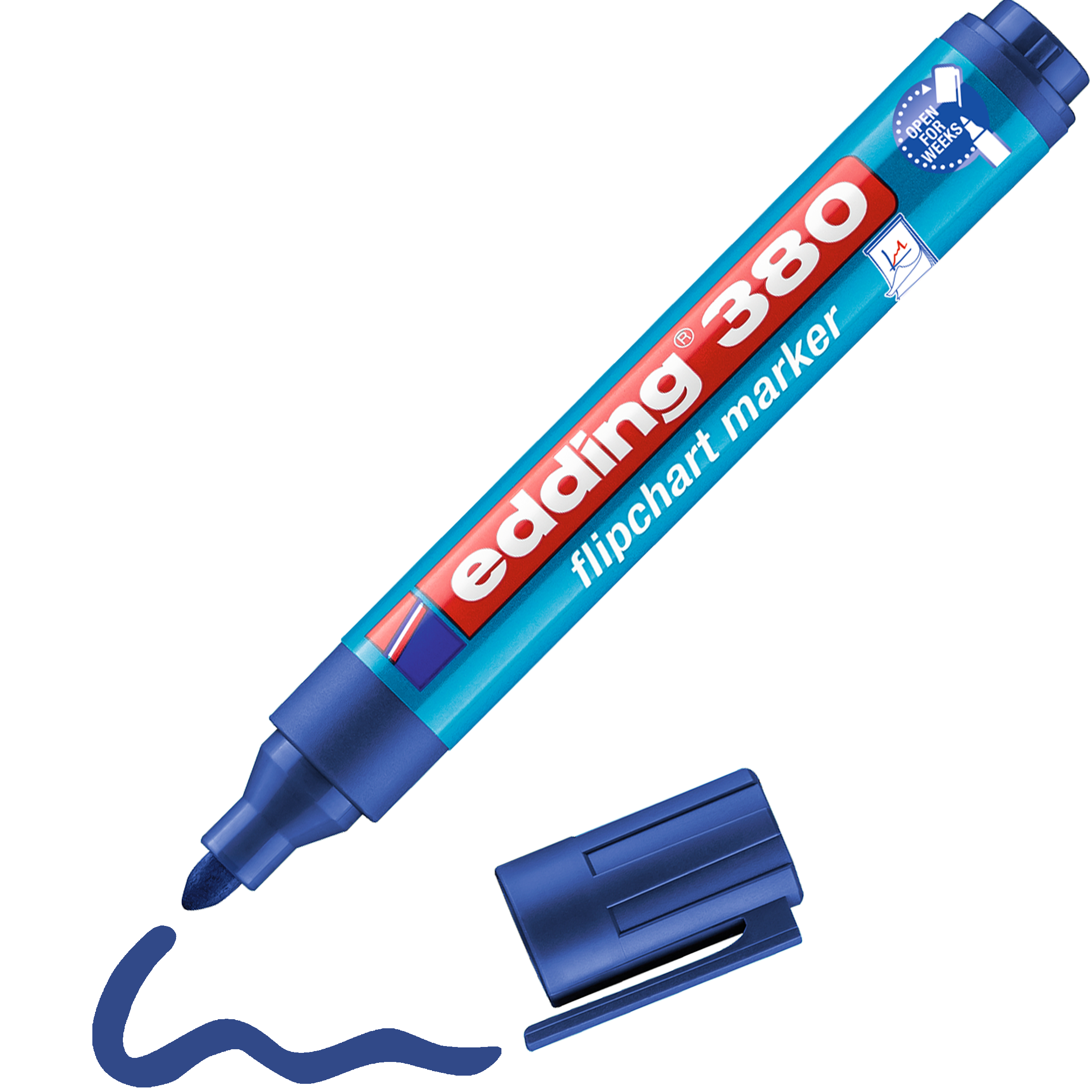 Ein blauer edding 380 Flipchartmarker ohne Kappe liegt neben einer wellenförmigen blauen Linie, die mit seiner Spezialtinte gezeichnet wurde. Das Etikett hebt die Marke edding hervor und zeigt, dass er sich ideal für Präsentationen eignet.