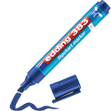 Ein edding 383 Flipchartmarker (blau) mit Spezialtinte liegt offen und erzeugt eine wellenförmige blaue Linie. Er ist ideal für Präsentationen, hat eine Keilspitze und trägt das charakteristische rot-weiß-blaue Etikett der Marke edding.