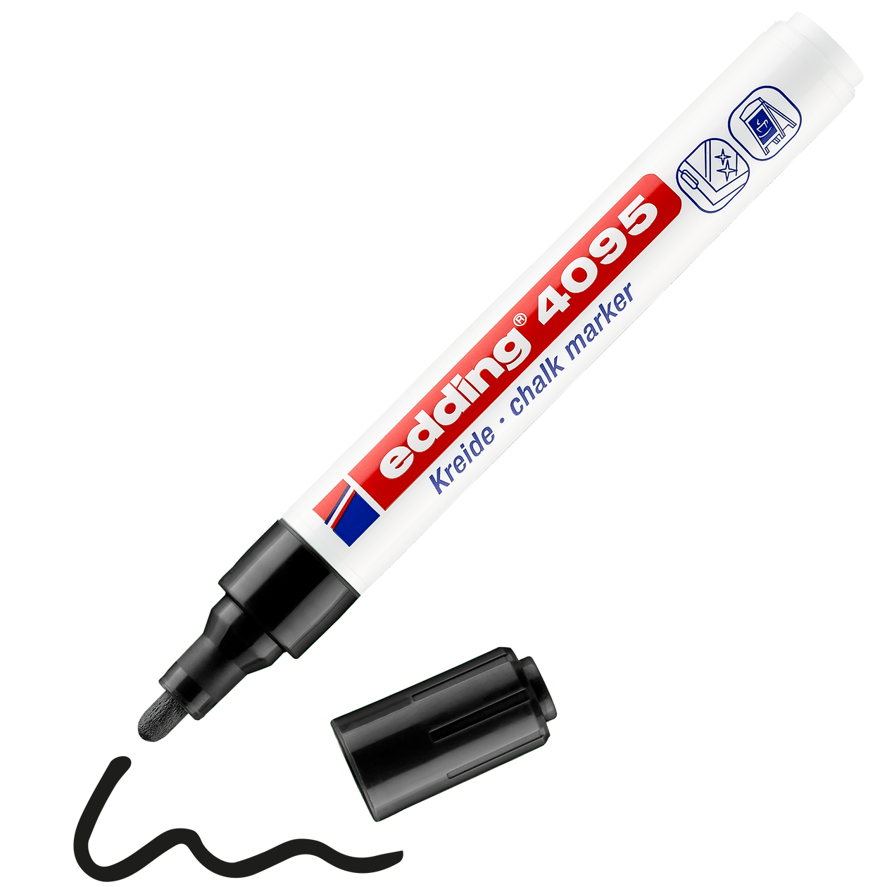 Ein weißer edding 4095 Kreidemarker von edding ohne schwarze Kappe zeigt seine runde Spitze neben einer schwarzen Schlangenlinie aus Flüssigkreide auf weißem Hintergrund.