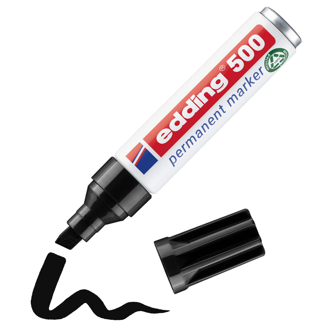 edding 500 Permanentmarker in schwarz mit offener Kappe und einem gemaltem Strich