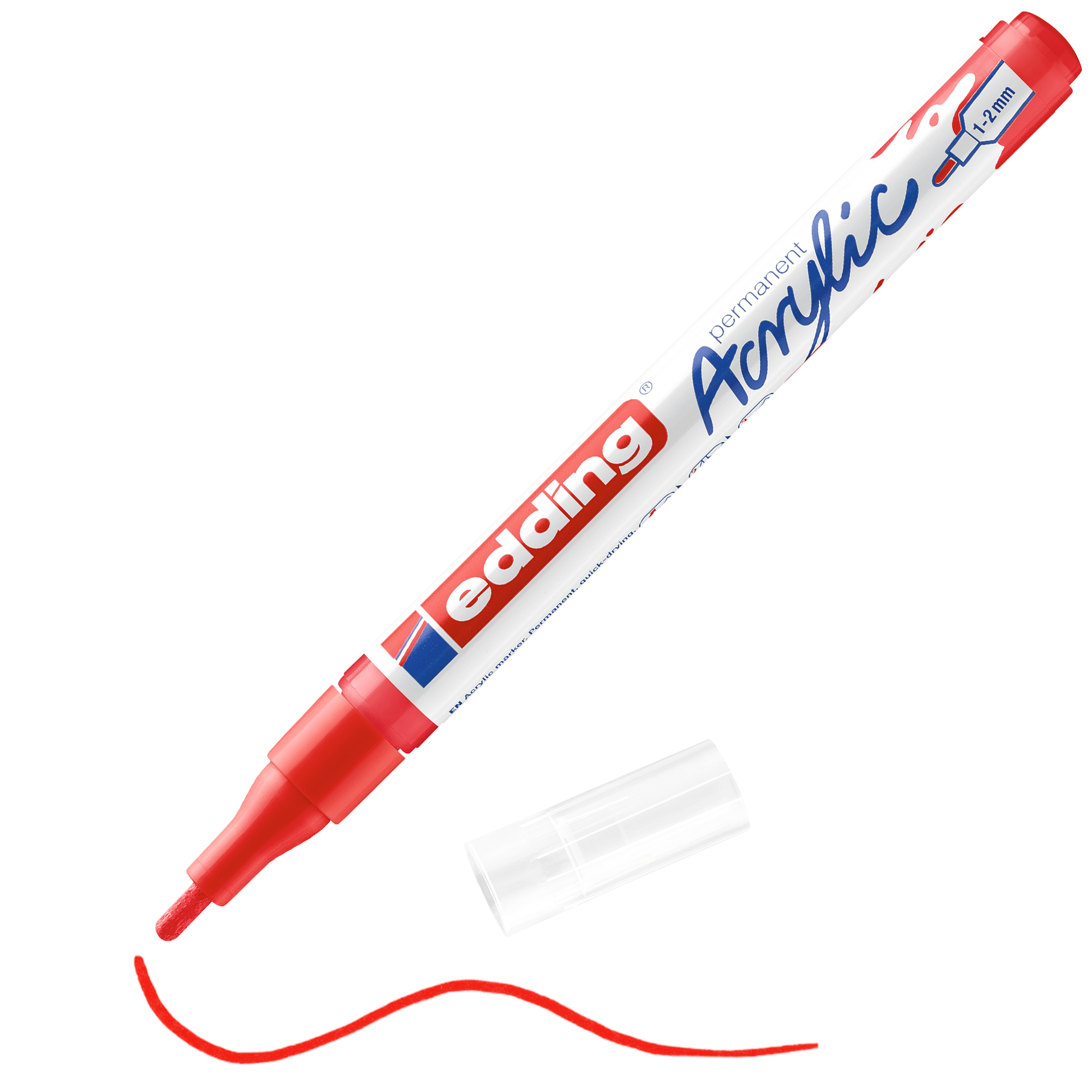 Ein roter edding 5300 Acrylmarker fein ohne Kappe liegt neben einer roten Wellenlinie. Dieser Marker von edding ist ideal für die Künstlerausstattung und passt perfekt zu Acrylfarbe.