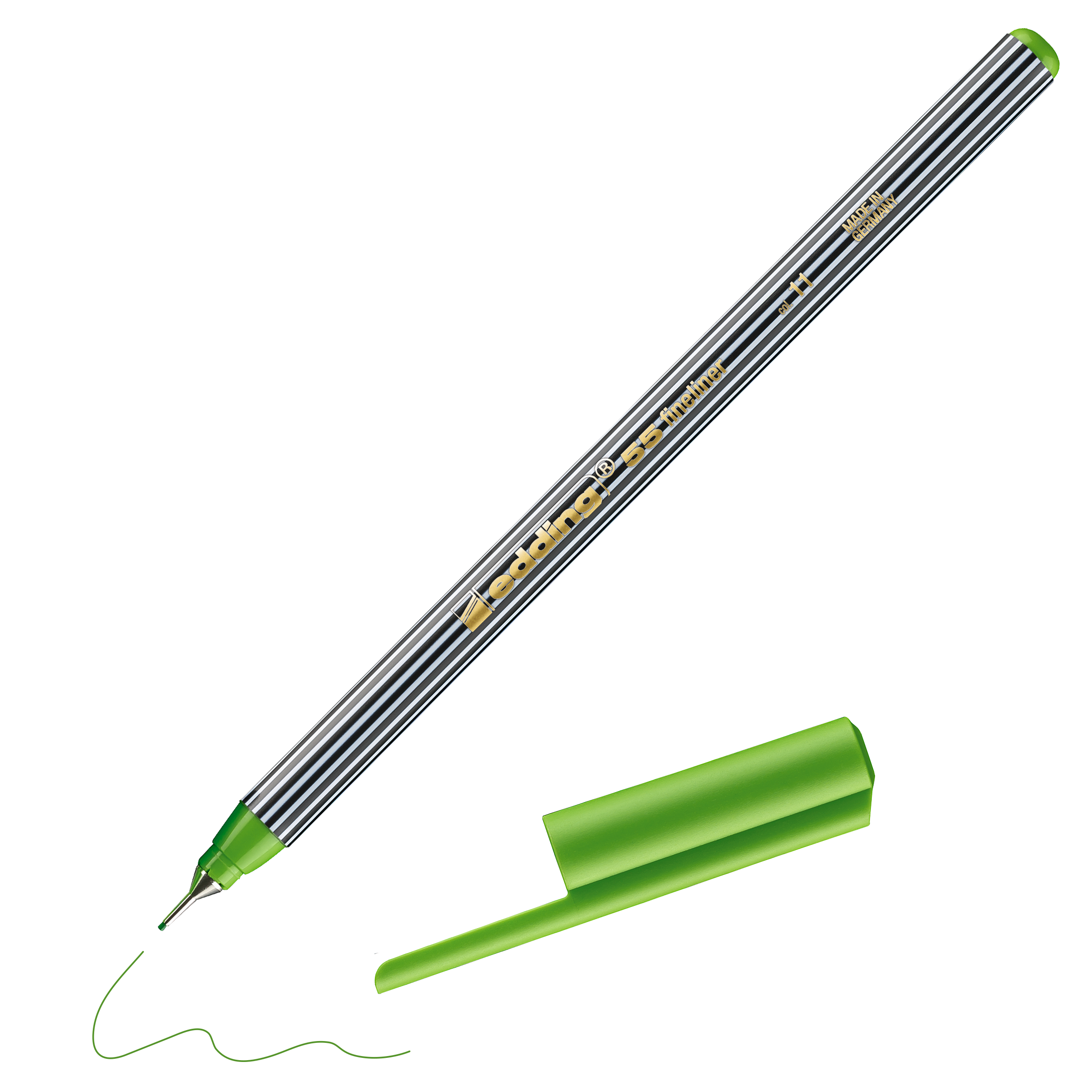 Ein edding 55 Fineliner in Grün, dessen gestreifter Schaft und Kappe entfernt und danebengelegt werden, zeichnet eine wellenförmige grüne Linie von der Spitze aus. Hergestellt von edding in Deutschland.