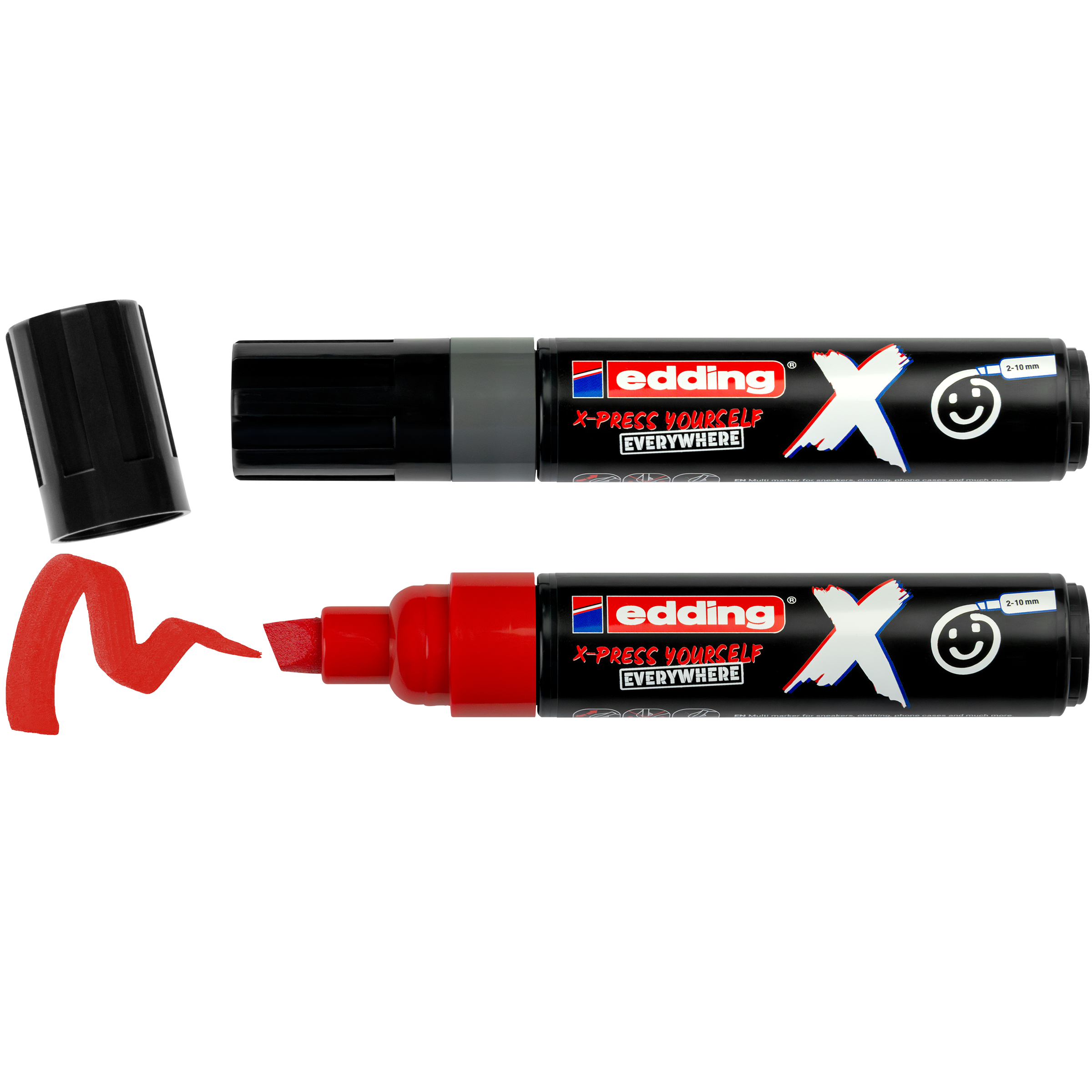 Zwei edding 6900 X Multimarker Yay in Grau, einer mit und einer ohne Kappe, zeichnen einen grauen Zickzack. Beide verfügen über eine vielseitige Keilspitze und die Beschriftung „X-PRESS YOURSELF EVERYWHERE“. 2er-Set von edding.