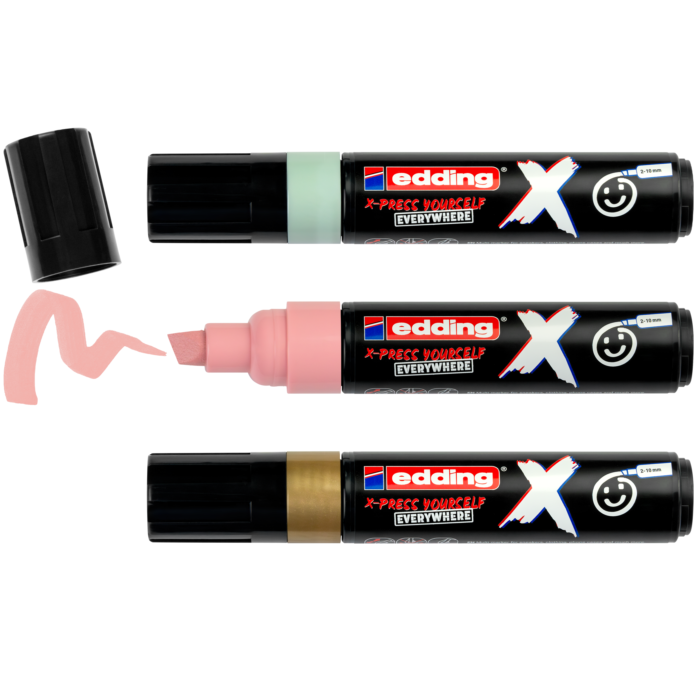 Das edding 6900 X Multimarker Pastel Color 3er-Set von edding enthält drei Stifte mit schwarzem Schaft und weißen, rosa und goldenen Spitzen, jeweils ohne Kappe und mit passender Tintenlinie. Jeder Stift verfügt über eine Keilspitze für vielseitiges Markieren.