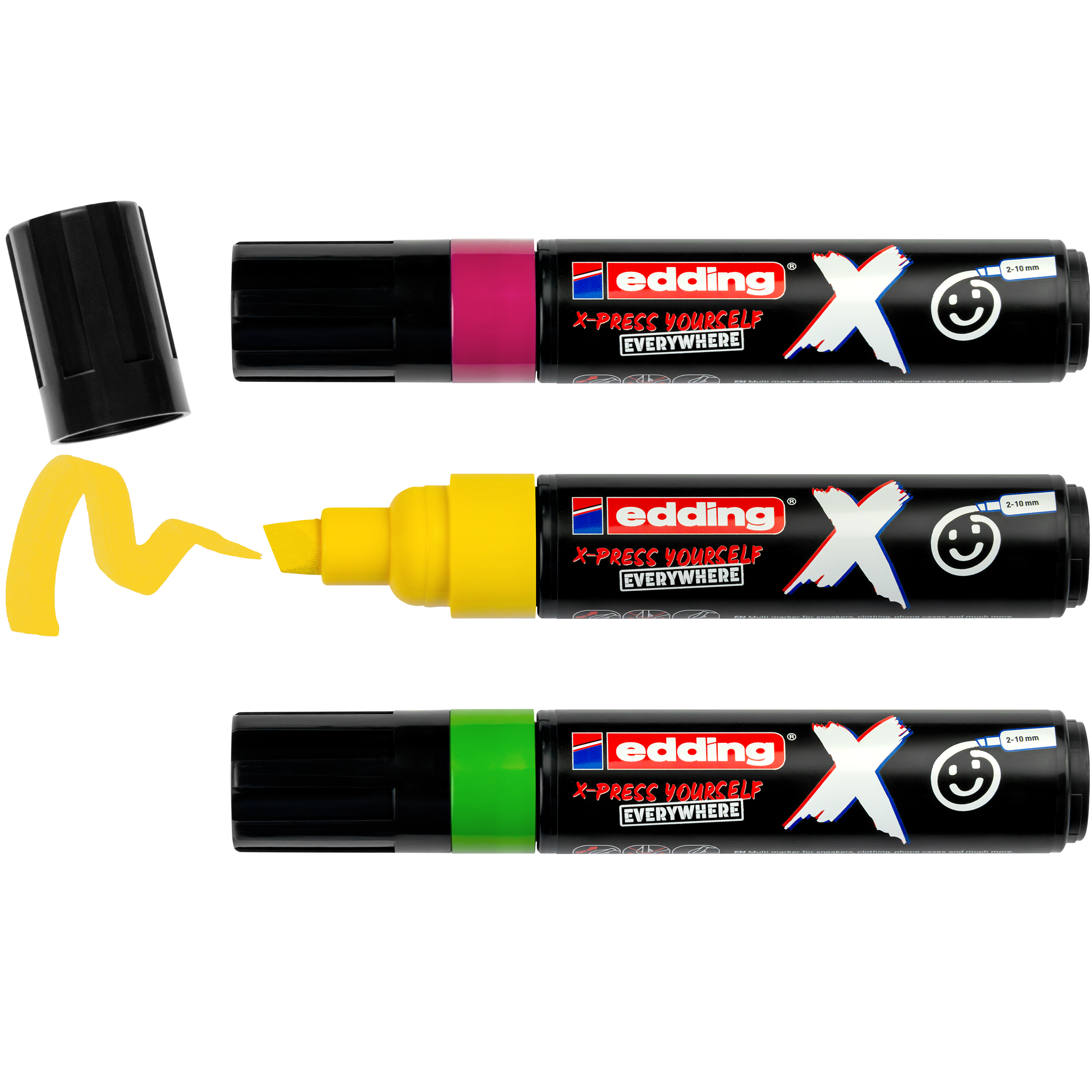 edding 6900 X Multimarker Candy Color 3er-Set in Gelb, Hellgrün, Magenta mit offener Kappe und einem gemaltem Strich