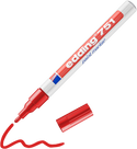 Ein roter edding 751 Lackmarker von edding, ohne Kappe und mit einer wellenförmigen roten Linie danebenliegend, zeichnet er. Der weiße Stift verfügt über eine rot-blaue Beschriftung und enthält hochpermanente Tinte.