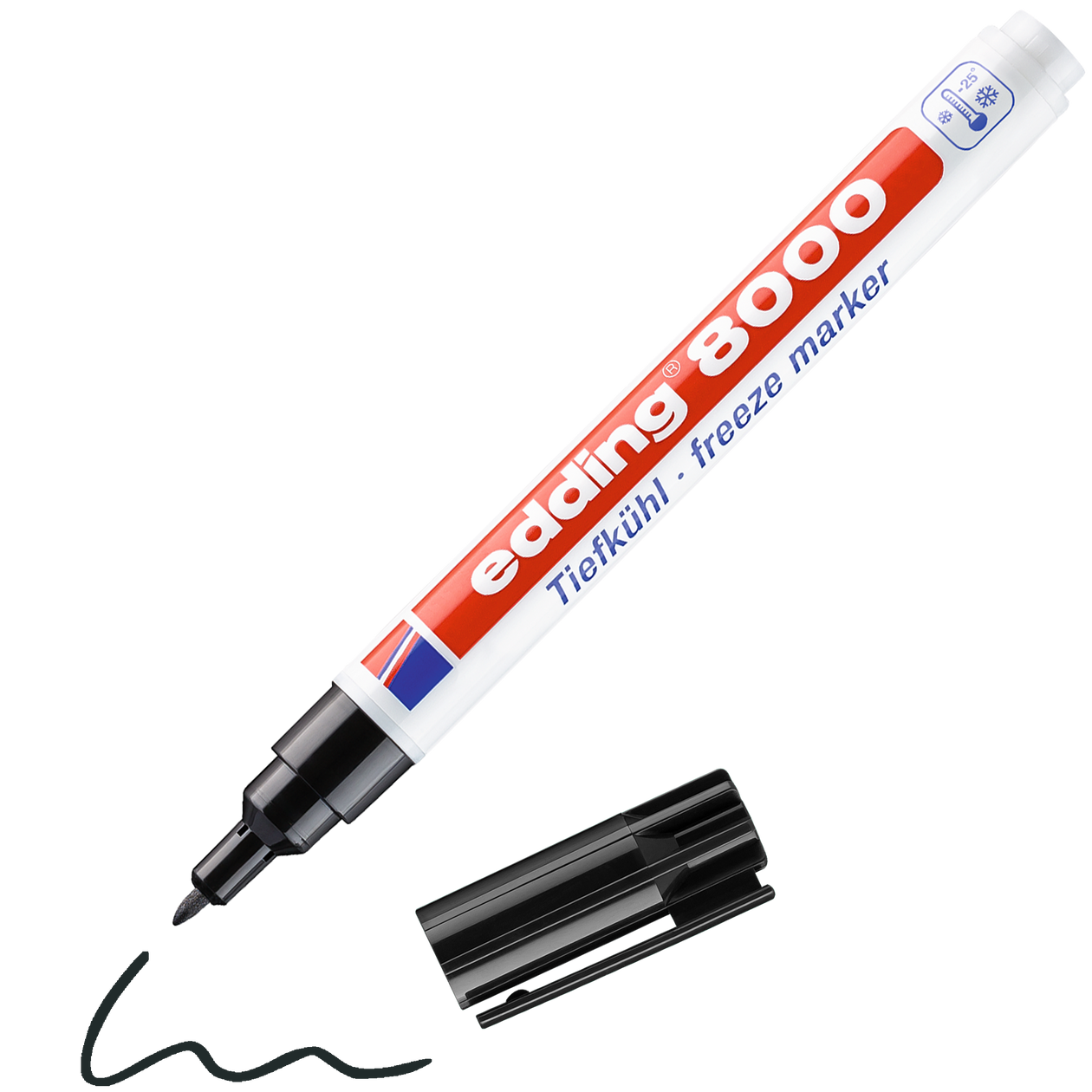 edding 8000 Tiefkühlmarker in Schwarz mit offener Kappe und einem gemaltem Strich