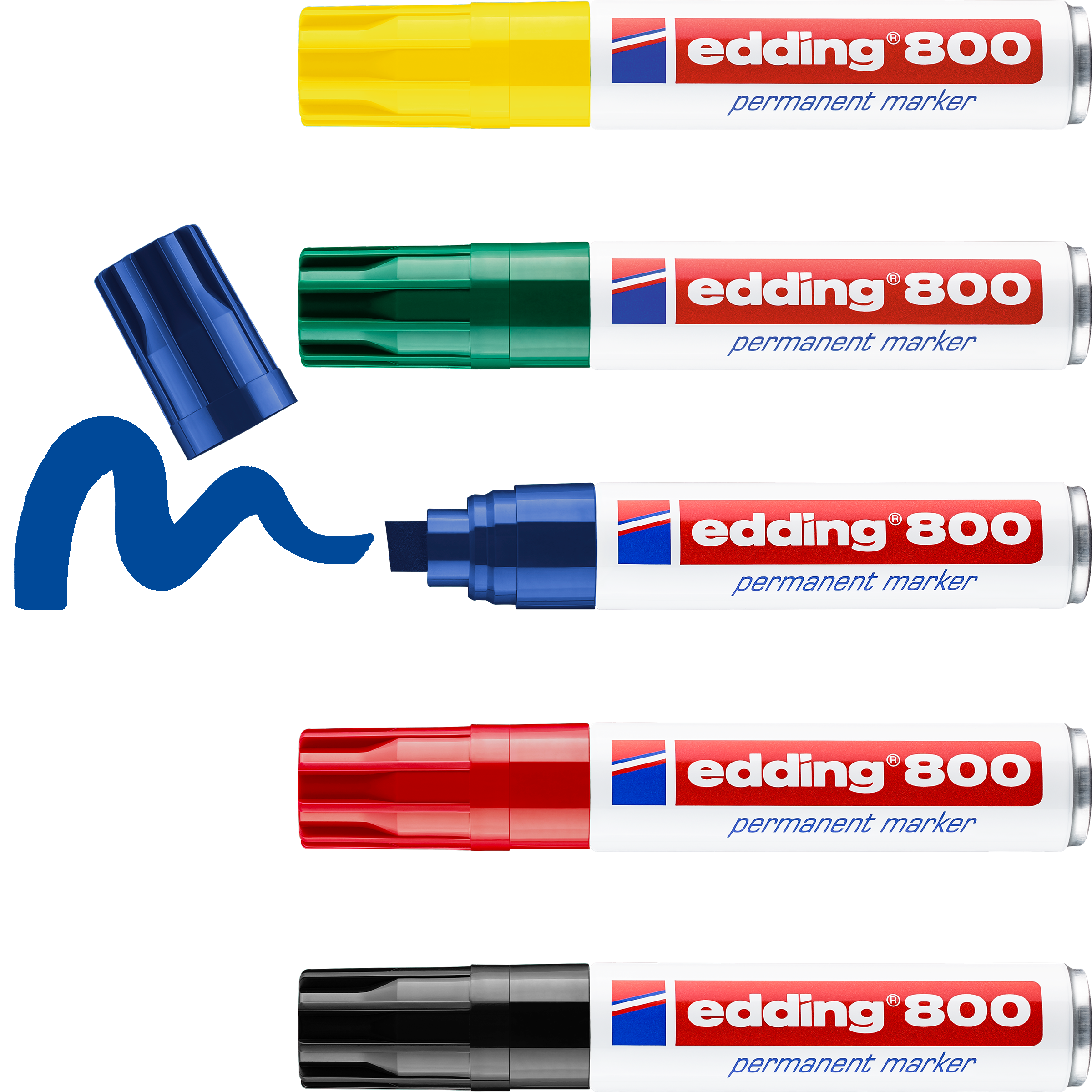 Fünf edding 800 Permanentmarker aus dem edding 800 Permanentmarker 5er-Set – gelb, grün, blau (Kappe ab und blaue Linie gezogen), rot und schwarz – sind mit ihrer breiten Strichbreite waagerecht auf schwarzem Untergrund abgebildet.