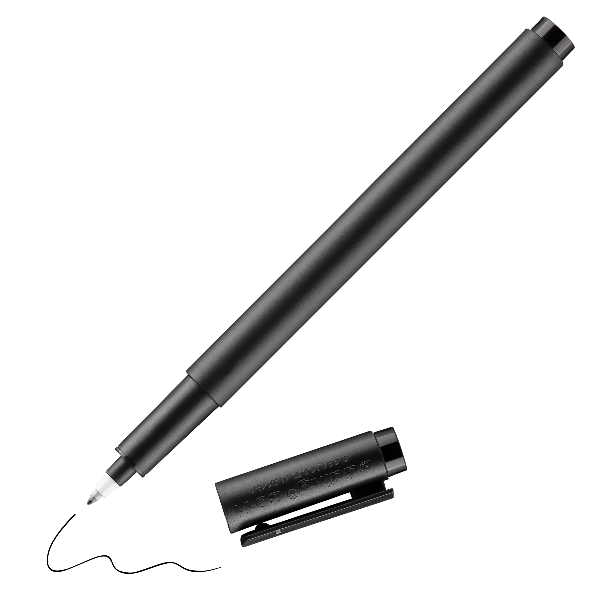 Ein schwarzer edding 8011 Reinraummarker von edding. Die Kappe ist abgenommen und liegt unter dem schlanken, metallischen Stift. Der Clip der Kappe ermöglicht eine einfache Befestigung – ideal für staubfreie Umgebungen.