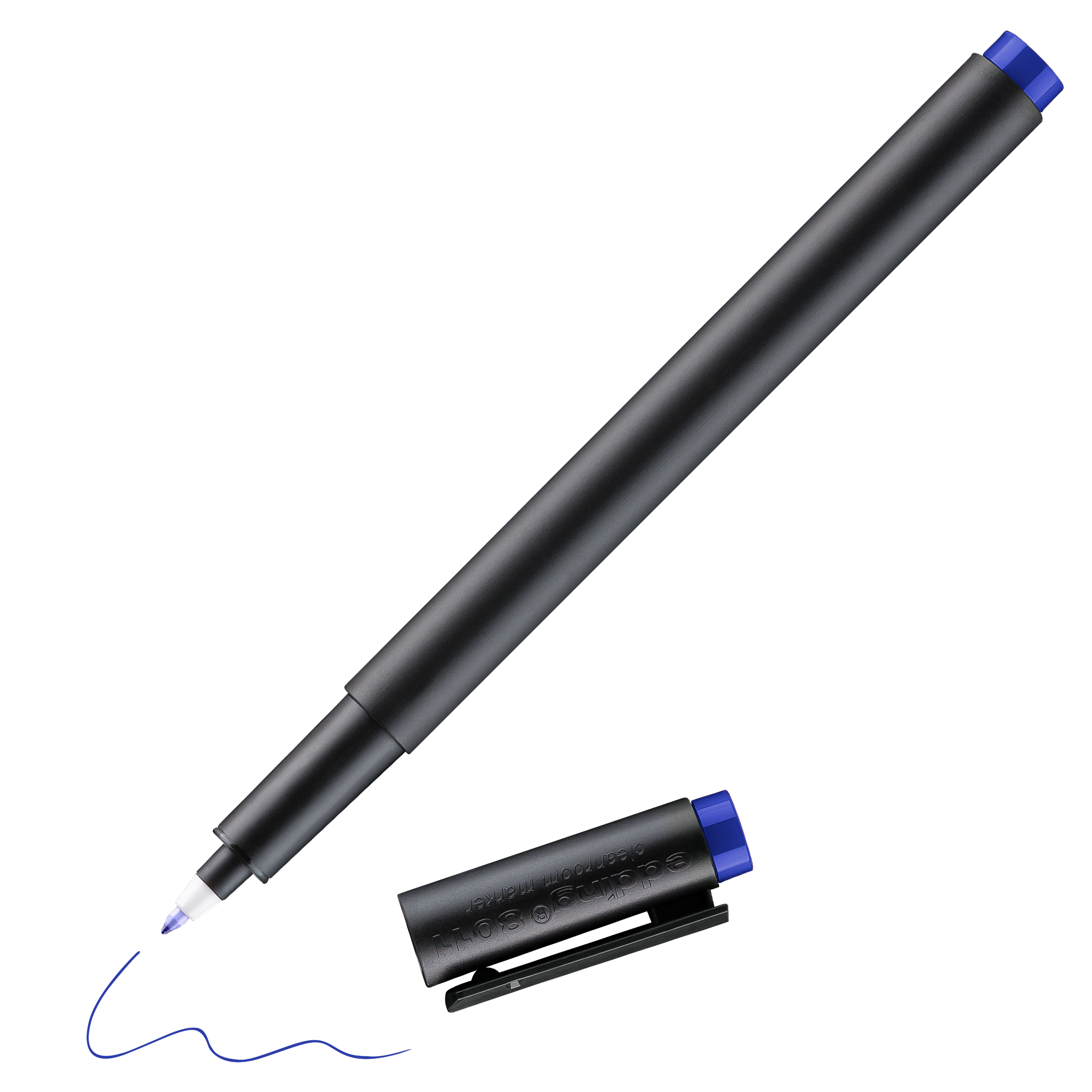 Ein edding 8011 Reinraummarker mit blauer Spitze zeichnet eine wellenförmige blaue Linie. Seine schwarze Kappe mit blauem Oberteil liegt daneben auf schwarzem Hintergrund – entwickelt von edding für präzises Markieren in staubfreien Umgebungen.
