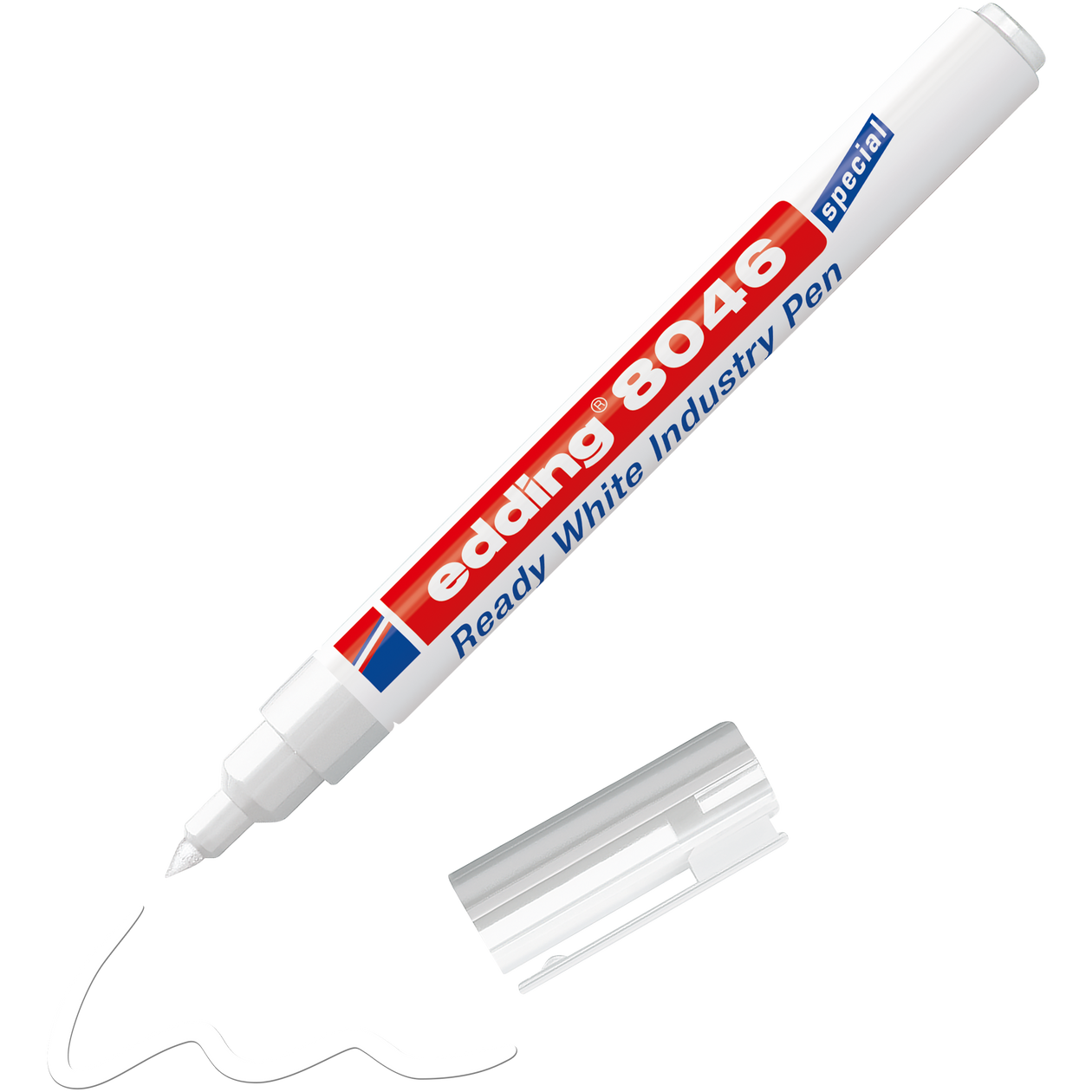 Ein schnell trocknender, weißer Permanentmarker „edding 8046 Ready white industrial pen“ von edding zieht mit abgenommener Kappe eine wellenförmige Linie – ideal für den industriellen Einsatz. Marker und Kappe liegen auf schlichtem Hintergrund.