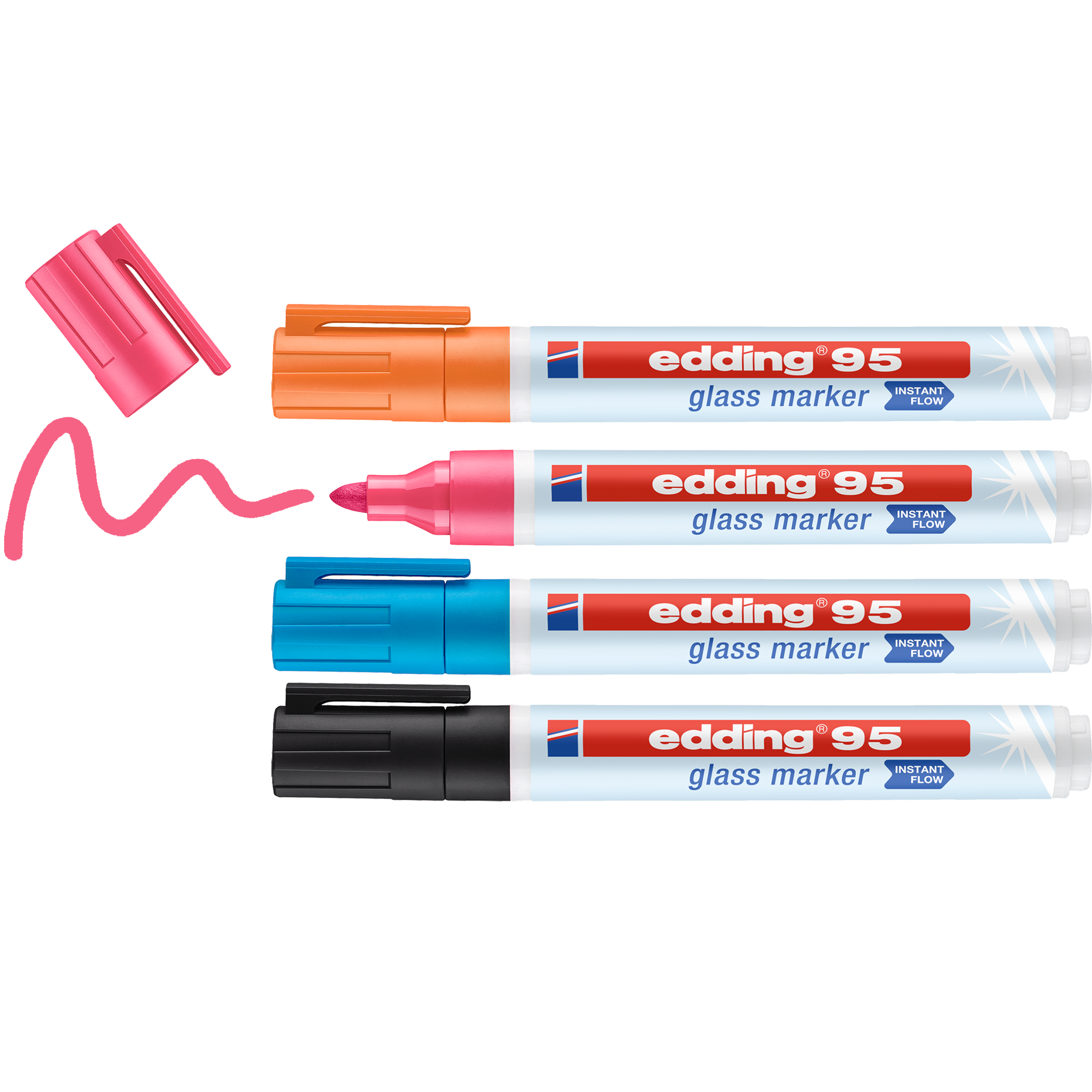 Das edding 95 Glasmarker 4er-Set enthält orange, pink, blau und schwarz in einer Reihe angeordnete Marker. Der pinkfarbene Marker ohne Kappe zeichnet eine wellenförmige Linie, ideal zum Schreiben auf Glasflächen oder Glaswänden. Marke: edding.