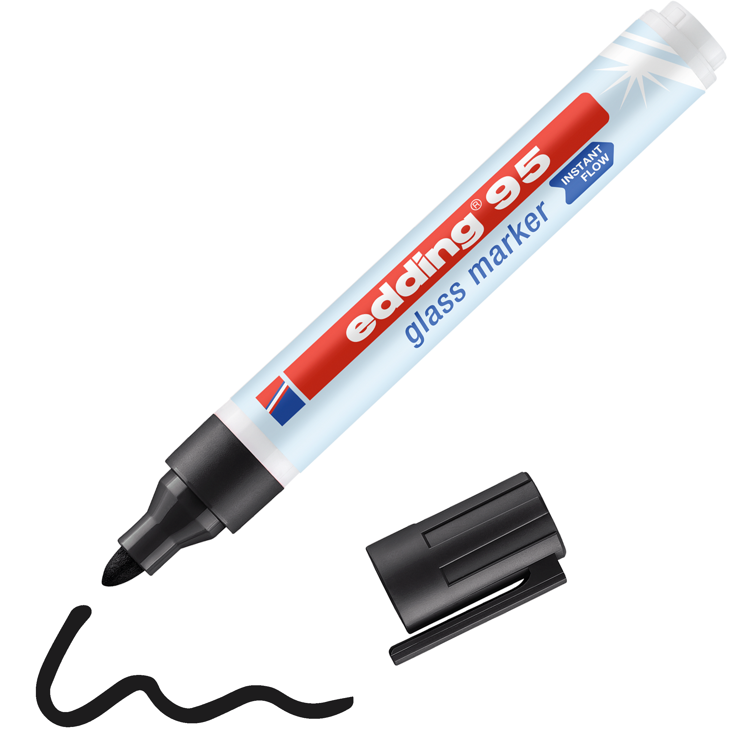 Daneben liegt ein blauer, abgenommener edding 95 Glasmarker von edding. Unter der Spitze ist eine schwarze, abwischbare Wellenlinie eingezeichnet, die die Schreibfarbe anzeigt.