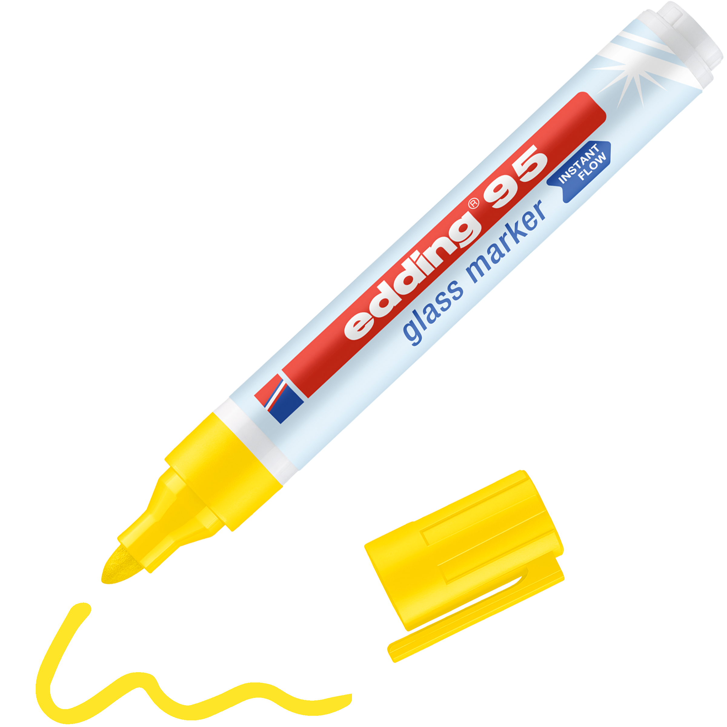 Ein gelber edding 95 Glasmarker ohne Kappe liegt neben einer verschnörkelten gelben Linie und präsentiert seine deckende Beschriftung. Die leicht abwischbare Tinte eignet sich ideal zum Schreiben auf Glasoberflächen.