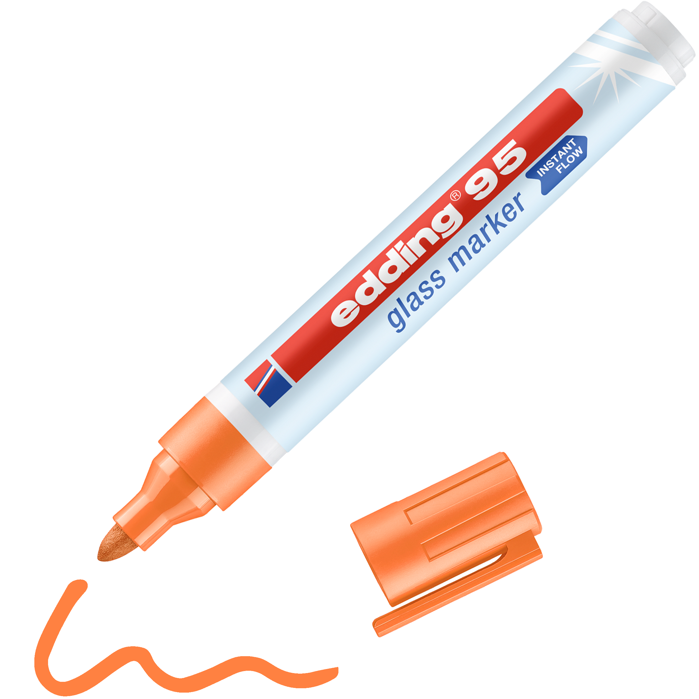 Ein orangefarbener edding 95 Glasmarker von edding ohne Kappe liegt neben einer orangefarbenen Wellenlinie, die er gezeichnet hat. Der Stiftkörper mit der Aufschrift „edding 95 Glasmarker“ ist blau-weiß gestaltet und ermöglicht deckendes Schreiben.