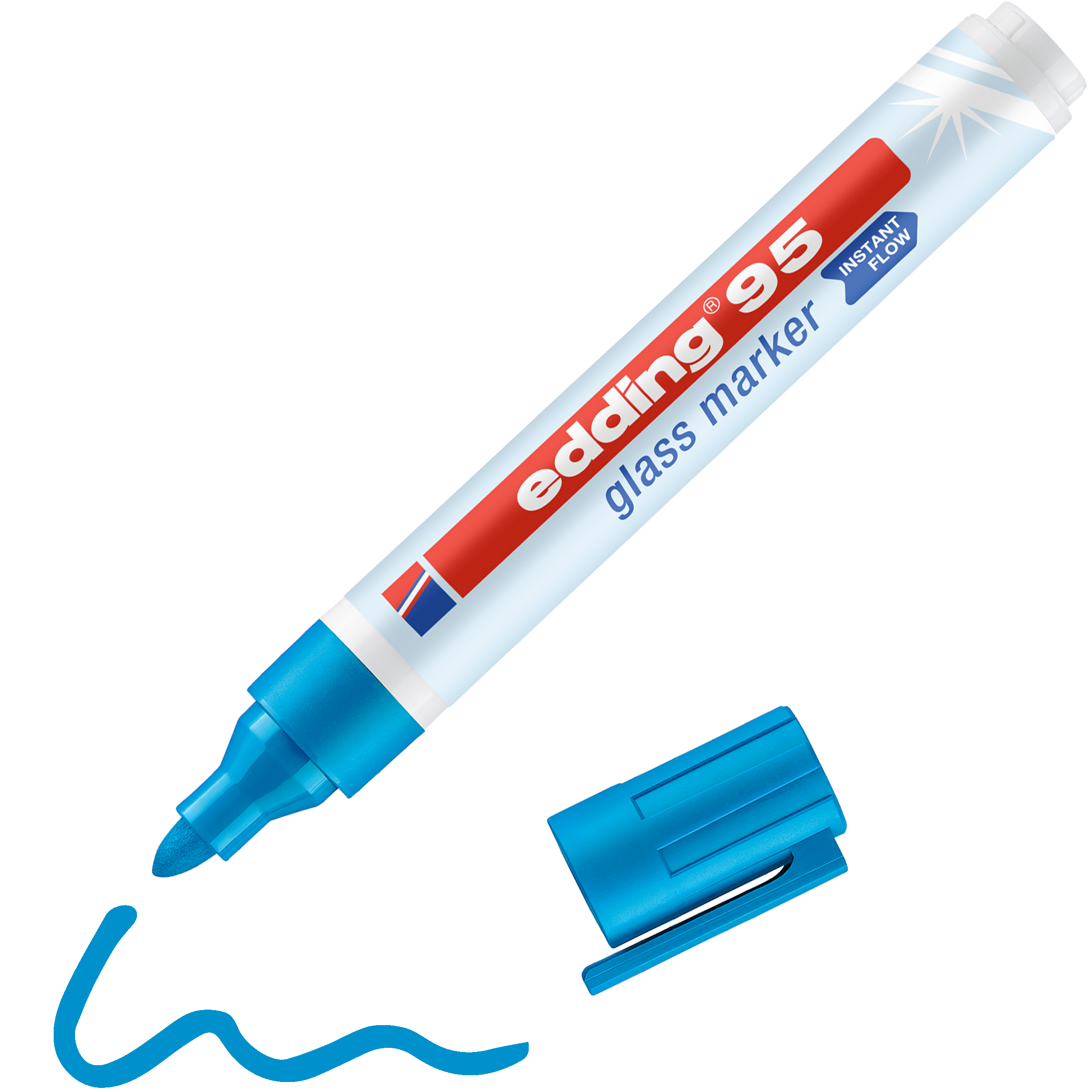 Ein blauer edding 95 Glasmarker von edding, ohne Kappe und mit einer wellenförmigen blauen Linie in deckender Tinte. Der Stift trägt die Aufschrift „Glasmarker“ und „edding 95“ in rot-weißem Design.