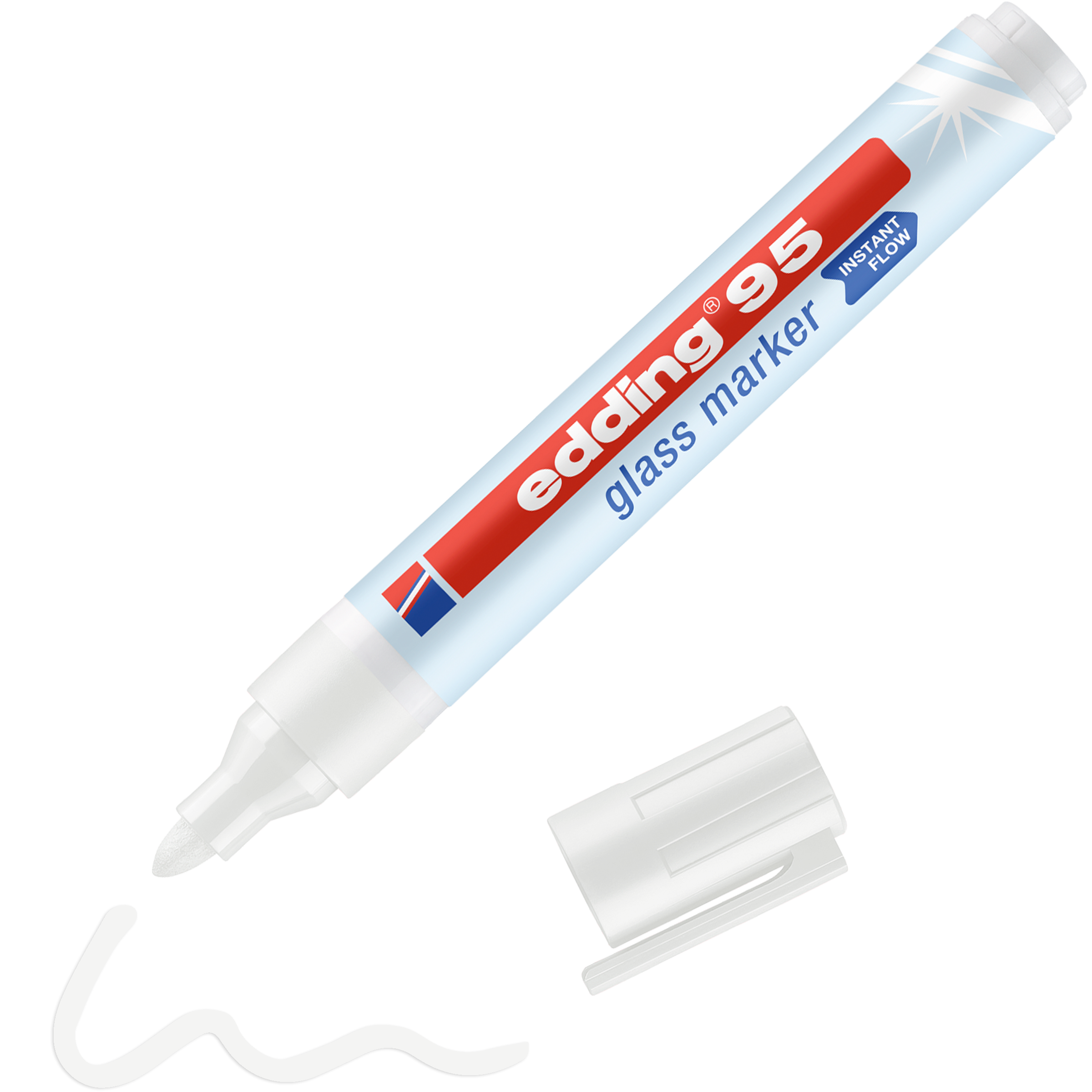 Ein weißer edding 95 Glasmarker von edding, ohne Kappe und neben einer verschnörkelten weißen Linie, die seine undurchsichtige Markierung zeigt, trägt die Aufschrift „edding 95 Glasmarker“ und „Instantform“.